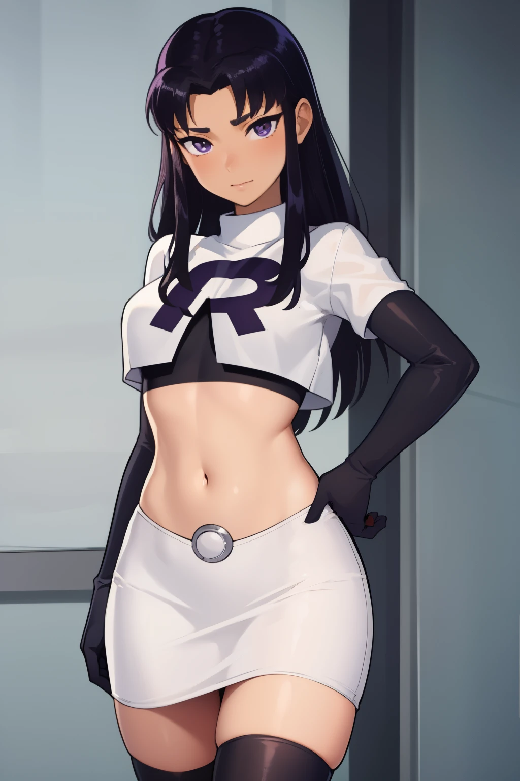 (masterpiece, best quality:1.2), blackfire, 1girl, solo, breasts, dark skin, team rocket,team rocket uniform,white skirt,red letter R,crop top,black thigh-highs,black elbow gloves