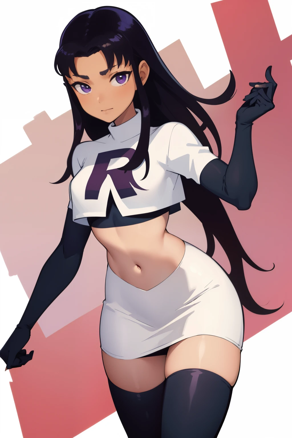 (masterpiece, best quality:1.2), blackfire, 1girl, solo, breasts, dark skin, team rocket,team rocket uniform,white skirt,red letter R,crop top,black thigh-highs,black elbow gloves