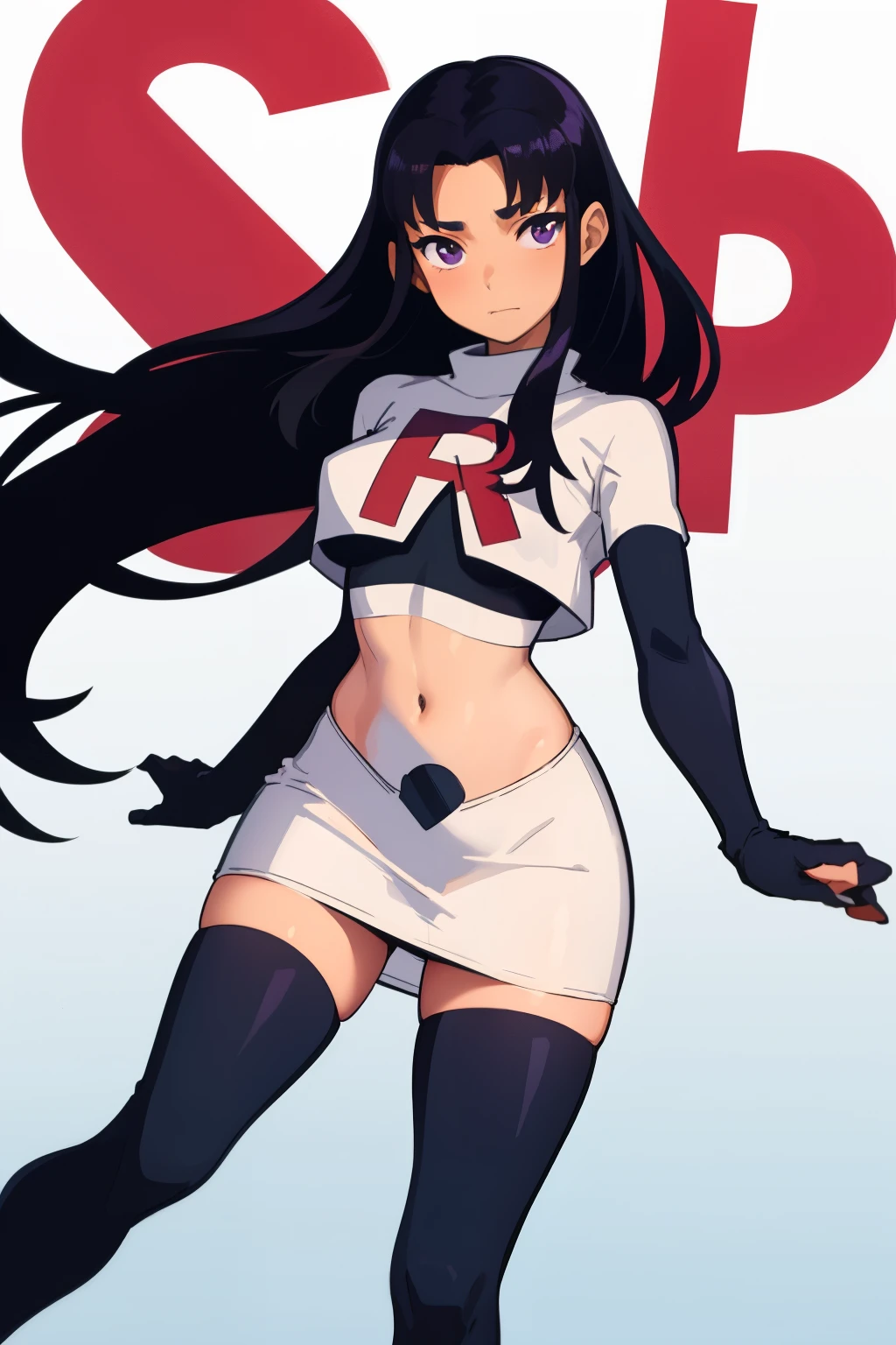 (masterpiece, best quality:1.2), blackfire, 1girl, solo, breasts, dark skin, team rocket,team rocket uniform,white skirt,red letter R,crop top,black thigh-highs,black elbow gloves