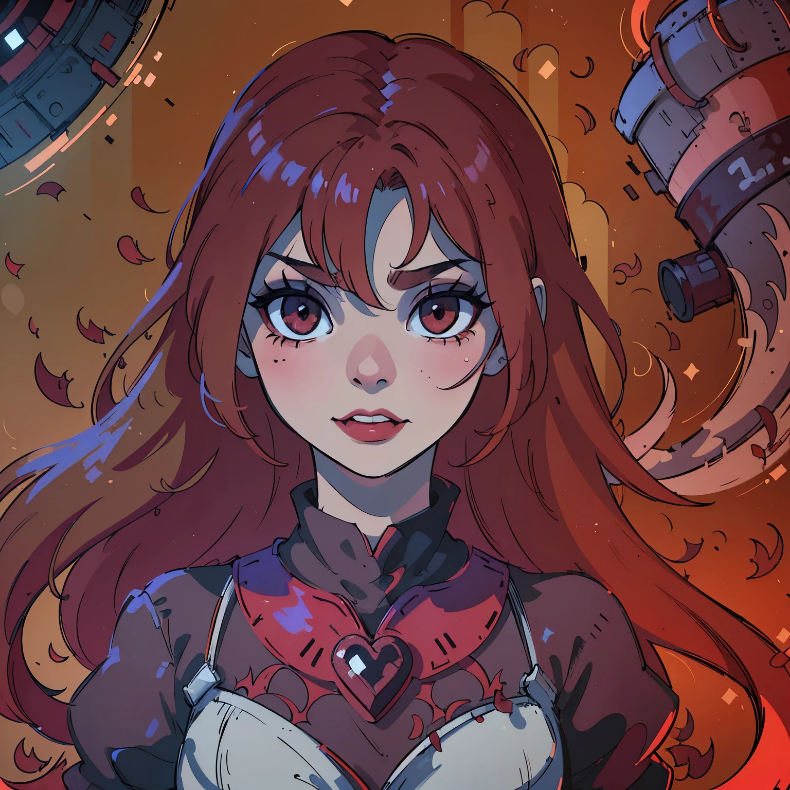 (best quality,4k,8k,highres,masterpiece:1.2),ultra-detailed,(realistic,photorealistic,photo-realistic:1.37),blood red hair,blood red eyes,extremely detailed eyes and face,lighter skin,vivid colors,dark shadows,dramatic lighting,gothic,horror,portrait,very red hair,beautiful nose,smile, Do not alter the hair fringe,Red lipstick, smile with beautiful teeth, Regular mouth not too big