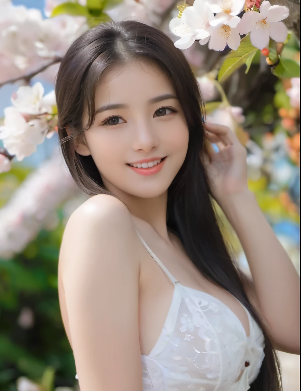 adult girl, (extreme detailed face, detailed skin), upper body, bikini, graceful girl, cherry bloom, flower garden, outdoor,[freckles] 1girl 25 year old, solo, long hair, big round breasts, looking at viewer, black hair, bare shoulders, brown eyes,  full body, smiling, 