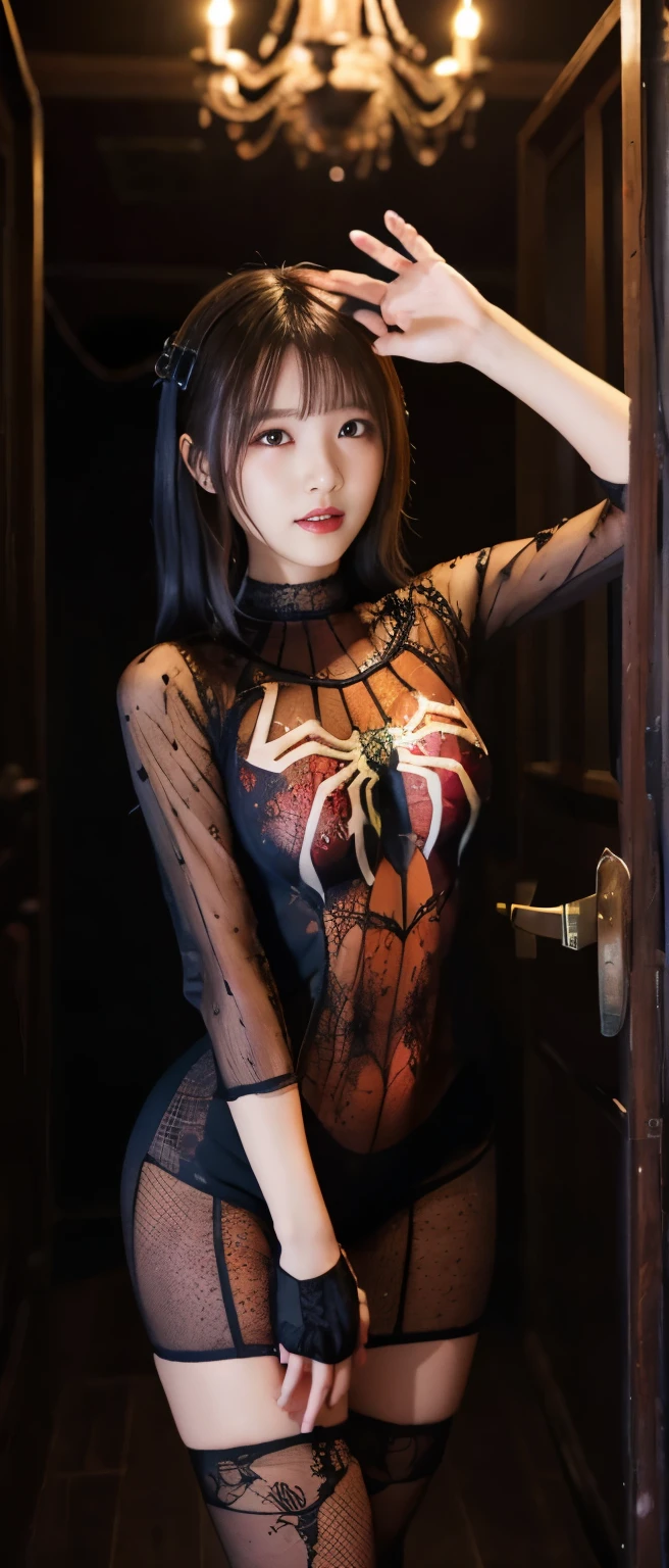 Spider-covered horror idol、whole body、good style、、、、、Spider print tight mini dress、full of spider webs、glowing haunted house
