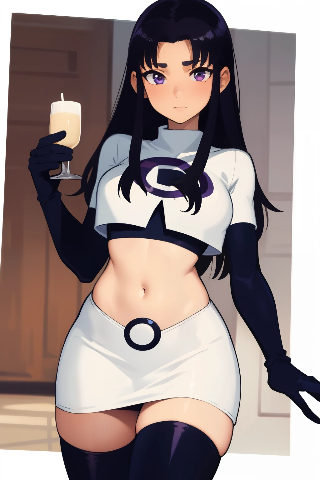 (masterpiece, best quality:1.2), blackfire, 1girl, solo, breasts, dark skin, team rocket,team rocket uniform,white skirt,red letter R,crop top,black thigh-highs,black elbow gloves