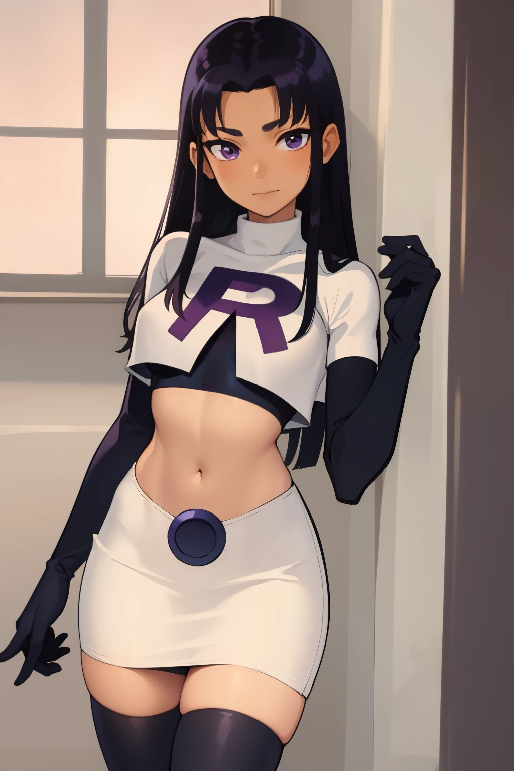 (masterpiece, best quality:1.2), blackfire, 1girl, solo, breasts, dark skin, team rocket,team rocket uniform,white skirt,red letter R,crop top,black thigh-highs,black elbow gloves