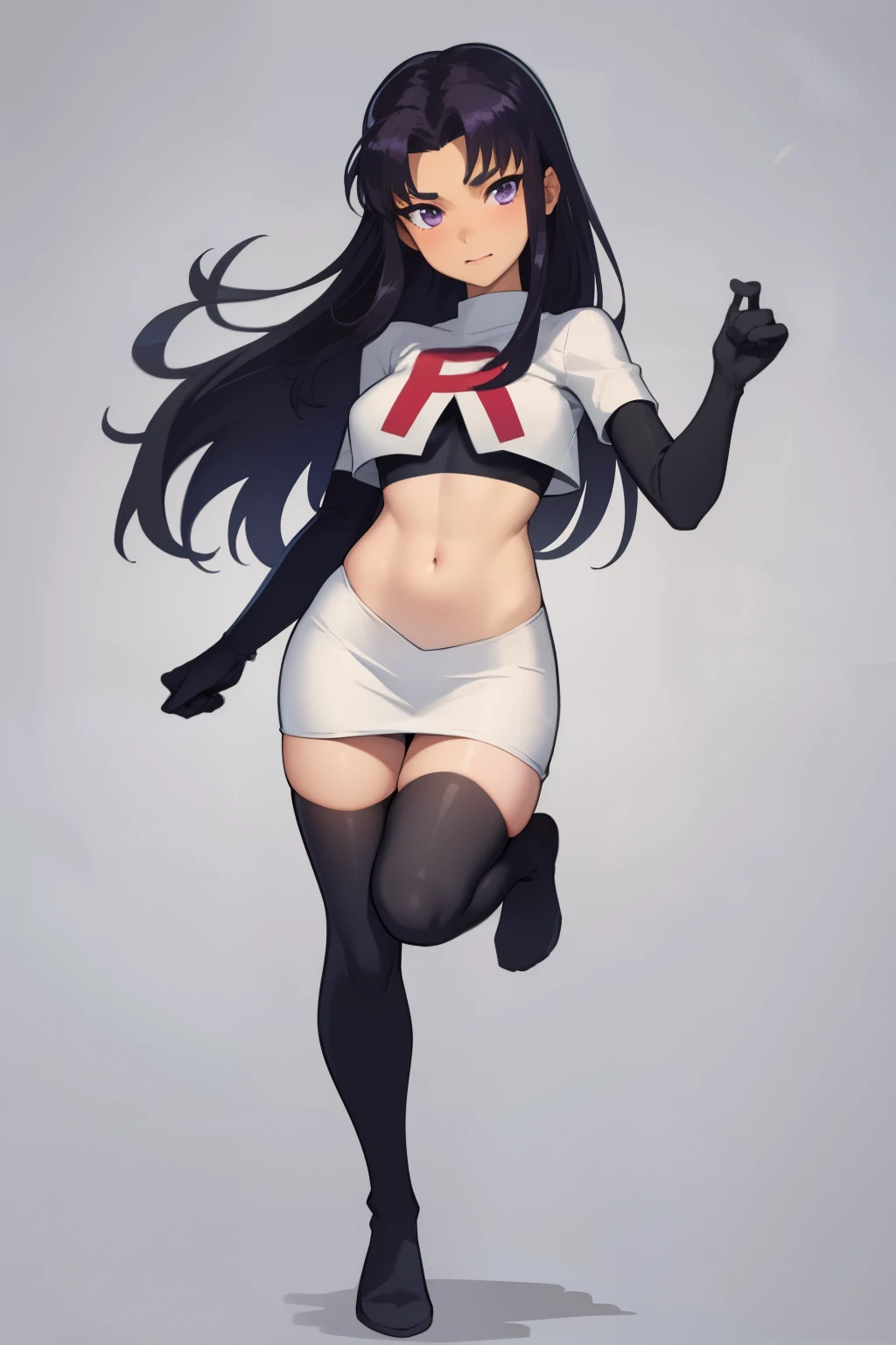 (masterpiece, best quality:1.2), blackfire, 1girl, solo, breasts, dark skin, team rocket,team rocket uniform,white skirt,red letter R,crop top,black thigh-highs,black elbow gloves