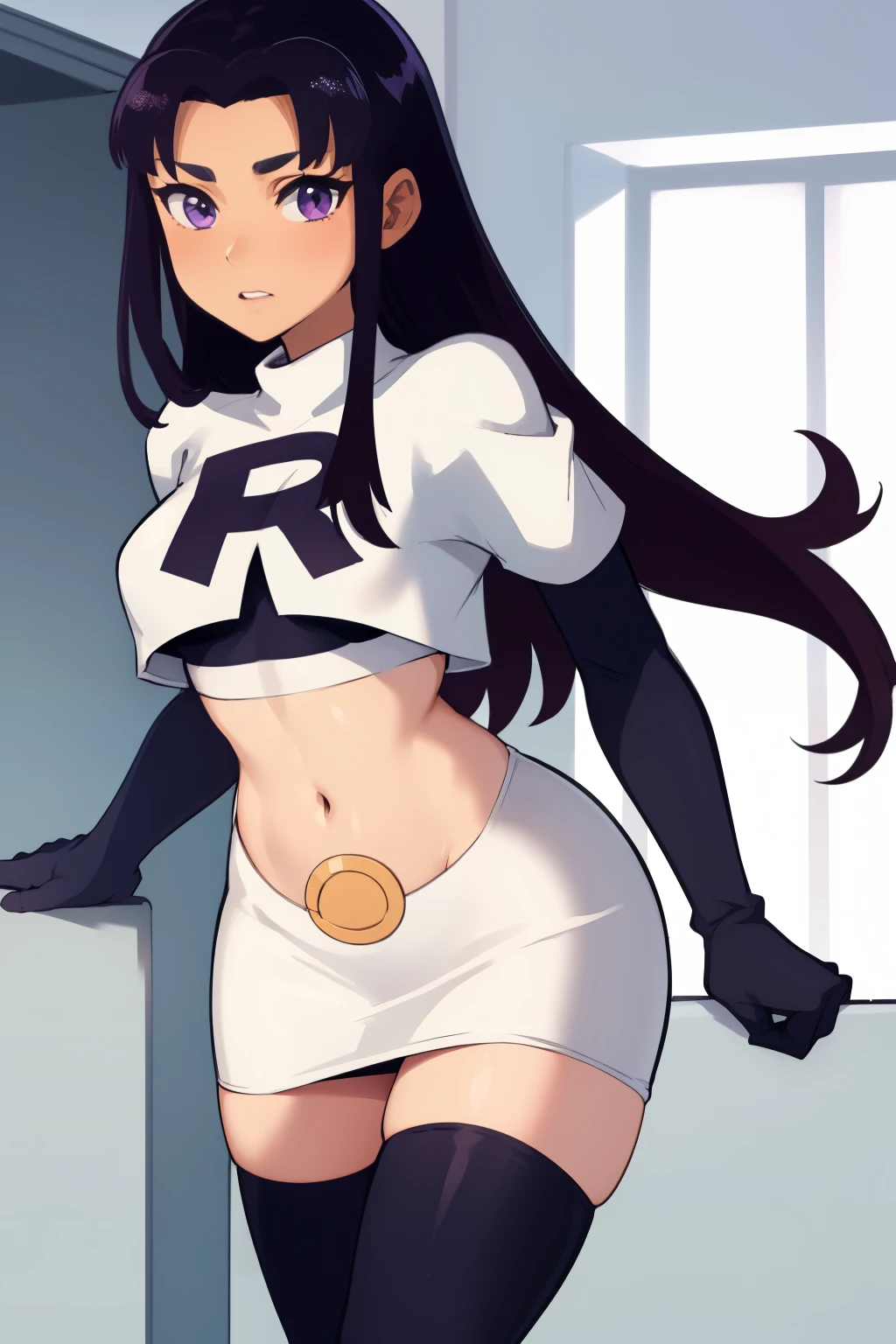 (masterpiece, best quality:1.2), blackfire, 1girl, solo, breasts, dark skin, team rocket,team rocket uniform,white skirt,red letter R,crop top,black thigh-highs,black elbow gloves