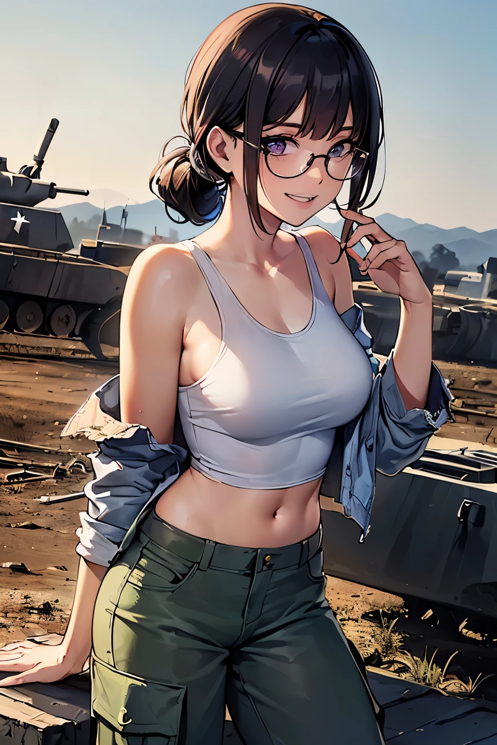 ((wide angle image)), beautiful female veteran, black hair in a ponytail, bangs, wearing large glasses, covering a wound, injured, smiling confidently, (((wearing a white military tank top, layered with a ww2 Oversized military shirt, wearing ww2 military pants Oversized, Off shoulders, Distressed, worn-out))), on the ww2 battlefield