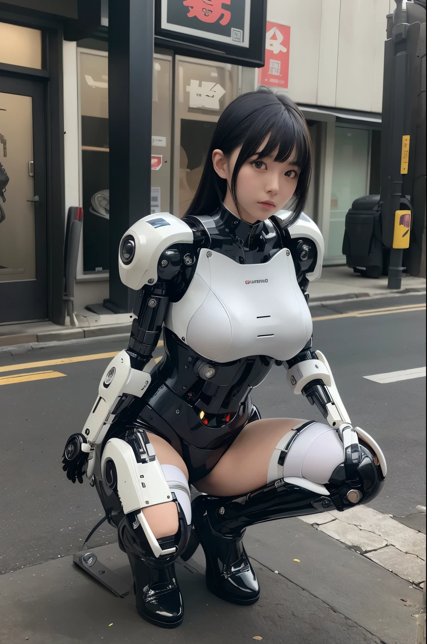 masterpiece, best quality, extremely detailed, Japanese android woman,Plump,control panels,Squat,android,droid,Mechanical Hand,Robot arms and legs, Black Robot Parts,black hair, white knee high socks,black sponge joints,blunt bangs,white robot body,ceramic body,long boots,perfect cyborg girl,on the street