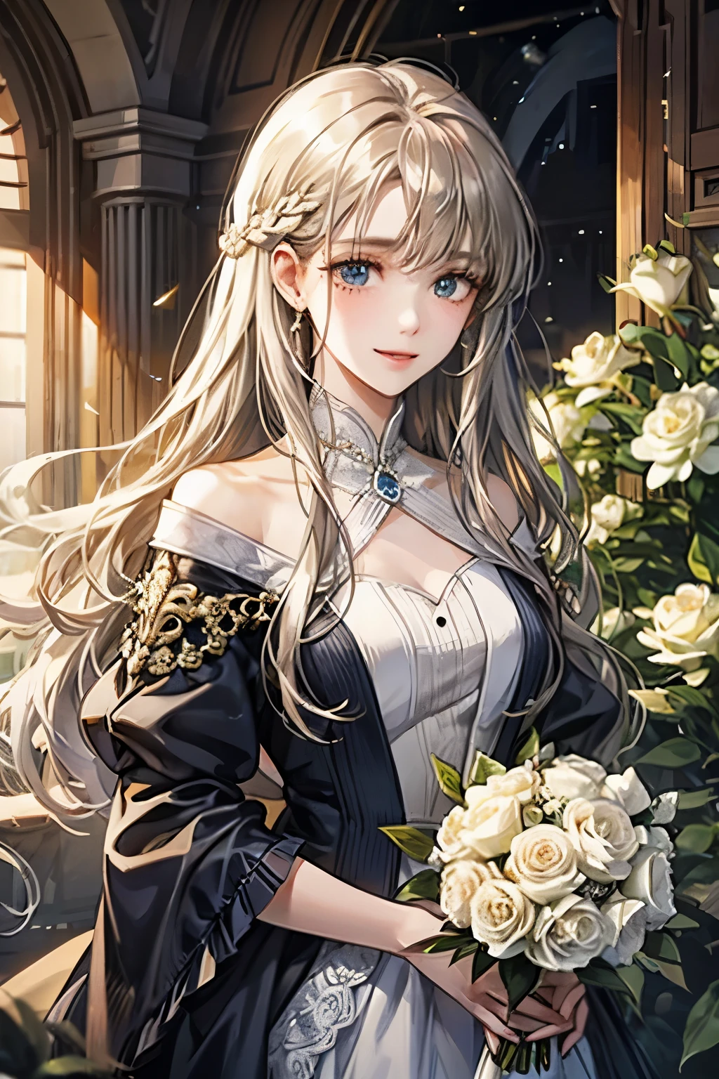 white、Ocean、droopy eyes、brown eyelids on face、smile、17 year old female、Woman wearing dress、long hair girl、((long hair girl))、Girl with bangs、detailed face、clean face、((best image quality))、mole、bouquet、bride