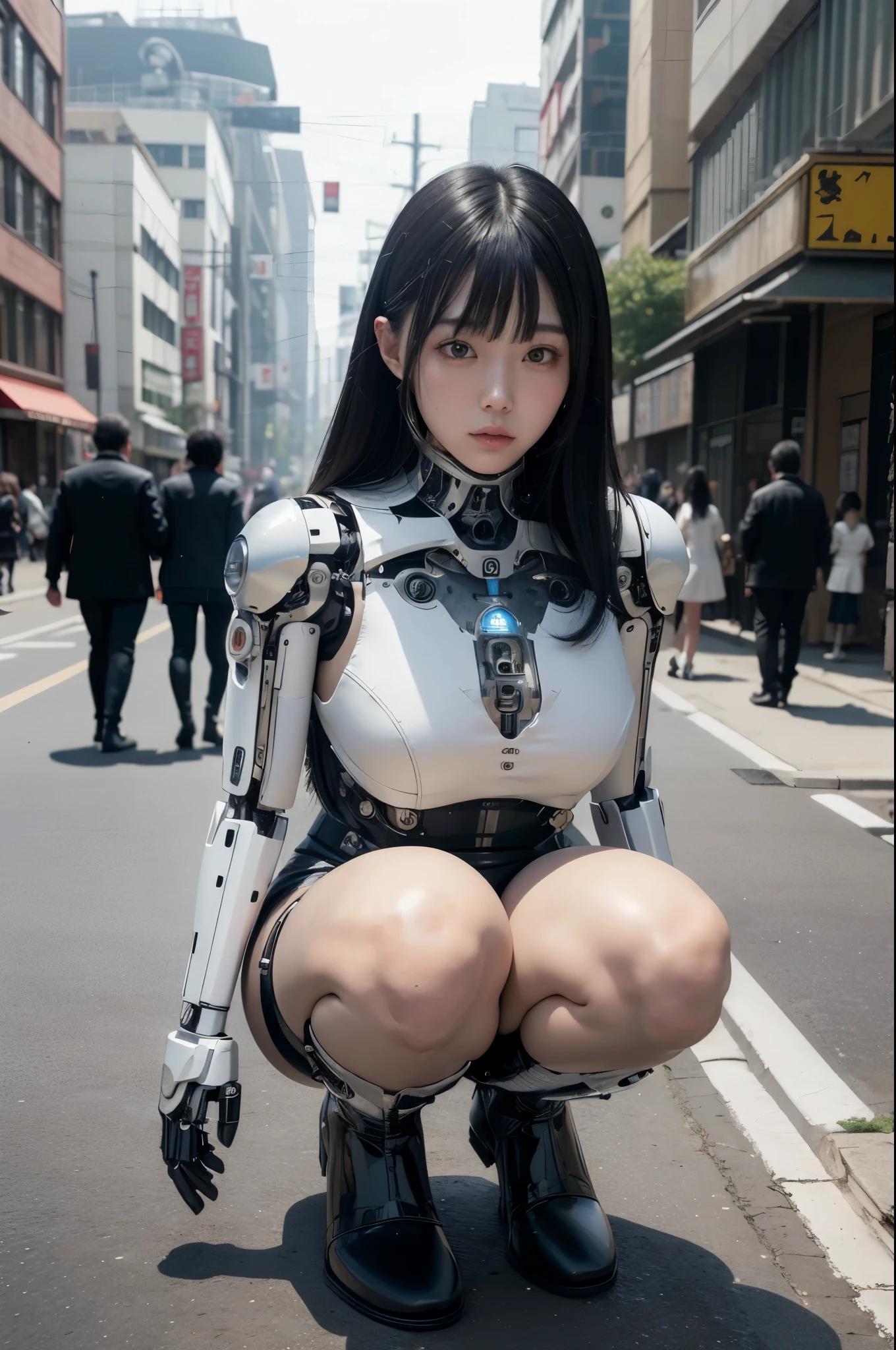 masterpiece, best quality, extremely detailed, Japanese android woman,Plump,control panels,Squat,android,droid,Mechanical Hand,Robot arms and legs, Black Robot Parts,black hair, white knee high socks,black sponge joints,blunt bangs,white robot body,ceramic body,long boots,perfect cyborg girl,on the street
