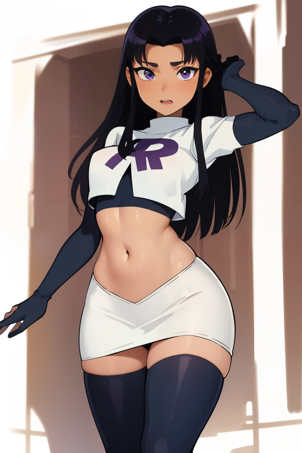 (masterpiece, best quality:1.2), blackfire, 1girl, solo, breasts, dark skin, team rocket,team rocket uniform,white skirt,red letter R,crop top,black thigh-highs,black elbow gloves