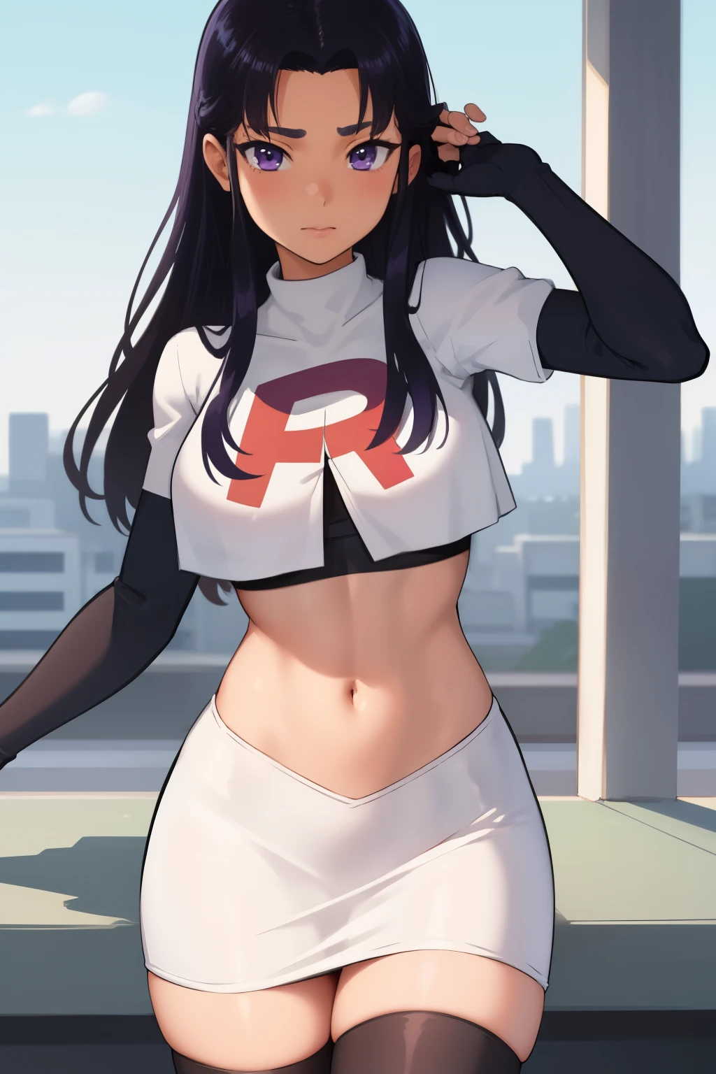 (masterpiece, best quality:1.2), blackfire, 1girl, solo, breasts, dark skin, team rocket,team rocket uniform,white skirt,red letter R,crop top,black thigh-highs,black elbow gloves