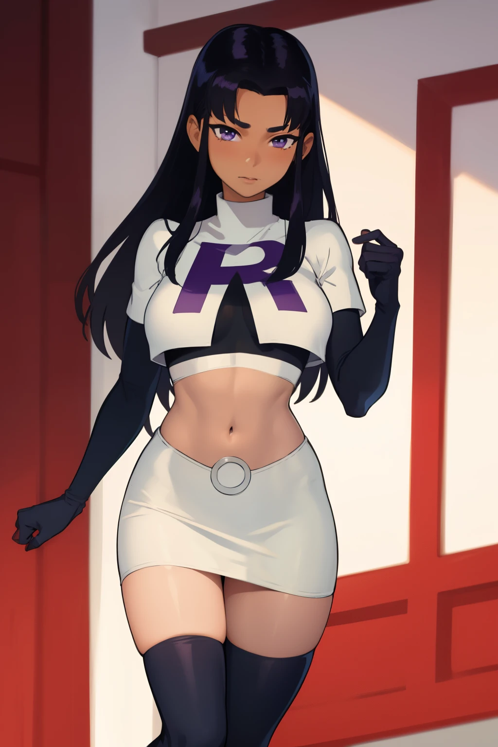 (masterpiece, best quality:1.2), blackfire, 1girl, solo, breasts, dark skin, team rocket,team rocket uniform,white skirt,red letter R,crop top,black thigh-highs,black elbow gloves