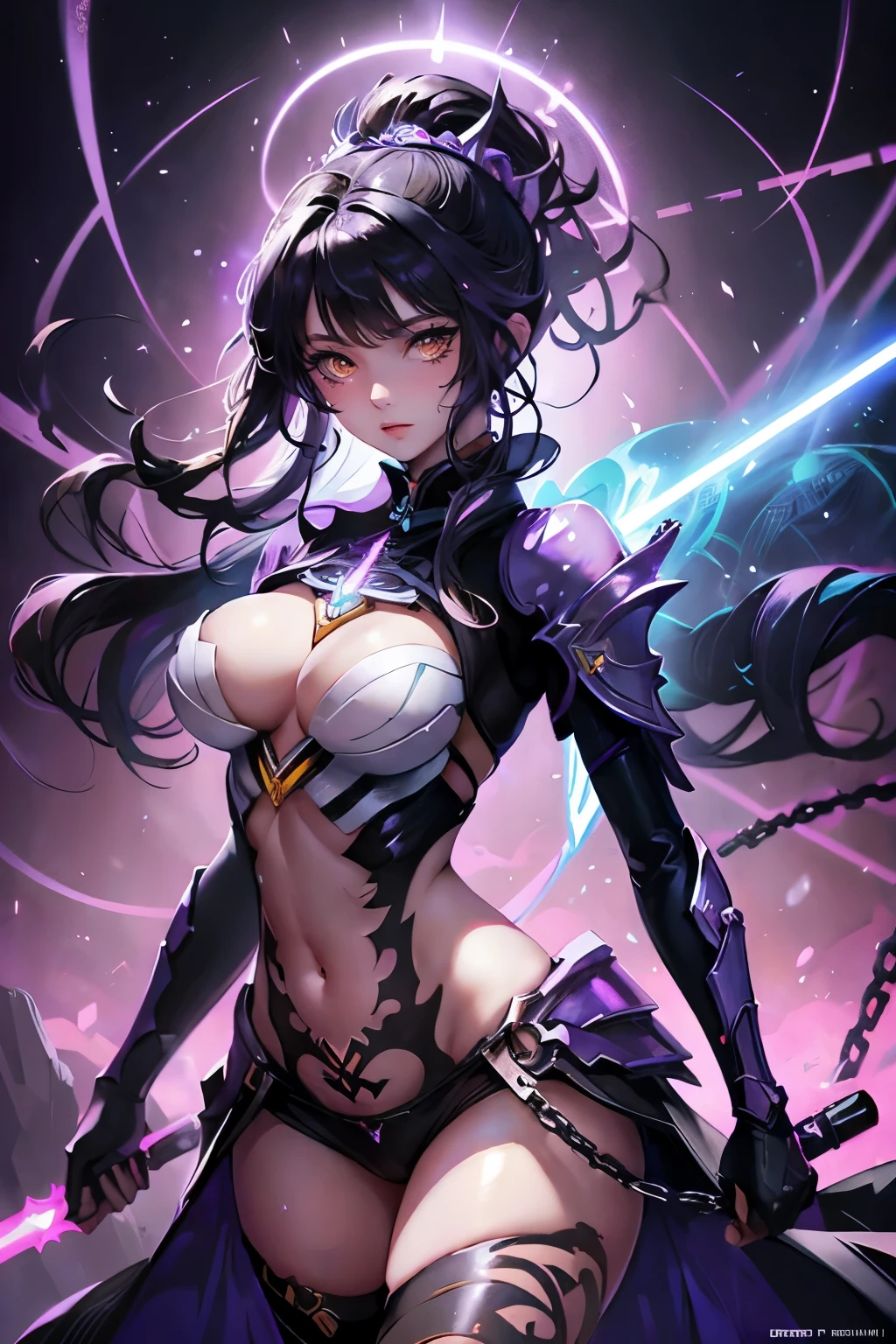 anime girl with neon sword and purple light in her hand, light saber, knights of zodiac girl, extremely detailed artgerm, by Yang J, detailed digital anime art, artgerm detailed, astri lohne, cushart krenz key art feminine, ayaka genshin impact, black - haired mage, artgerm. anime illustration, trending artgerm, bright highlight, nude, nipple piercing, chain, pussy, navel tattoos, thunderstorm, electric spark