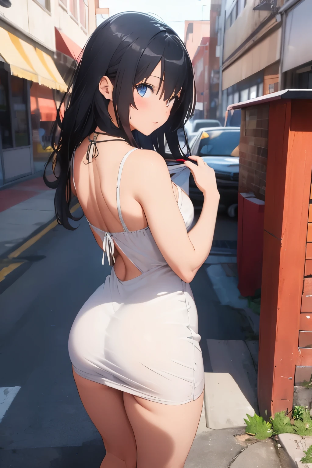 Girl with black hair wearing a necklace and an extremely short and sexy white tube dress with converse on her back with a large opening in the dress while showing her ass