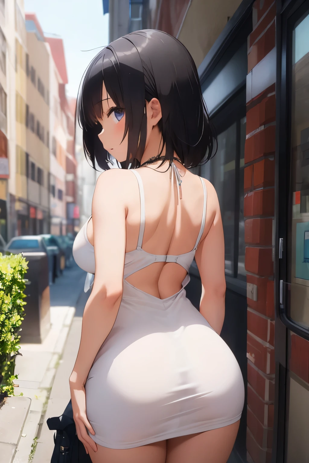 Girl with black hair wearing a necklace and an extremely short and sexy white tube dress with converse on her back with a large opening in the dress while showing her ass