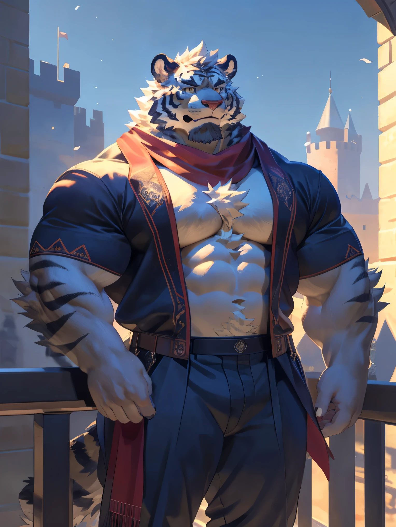 alone,people,hairy,hairy male, tiger,tiger_beast((fluffy fur,fluffy,hairy body)), , black body, yellow eyes, scarf, Tail, deTailed fluffy fur, deTailed face, deTailed eyes, uncle，(huge pecs:1.1), casual pants, Naked torso, whole body, paw, fantasy, ((castle balcony)), (through empty ghost,by raccoon21,masterpiece,high quality,Empty,8K HD), Stand above the audience, close up portrait, looking at the audience, sky, outdoor, dark shadow, Serious expression, stone wall, railing