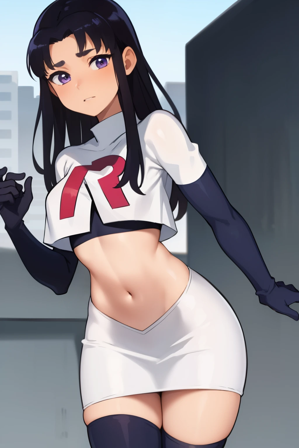 (masterpiece, best quality:1.2), blackfire, 1girl, solo, breasts, dark skin, team rocket,team rocket uniform,white skirt,red letter R,crop top,black thigh-highs,black elbow gloves