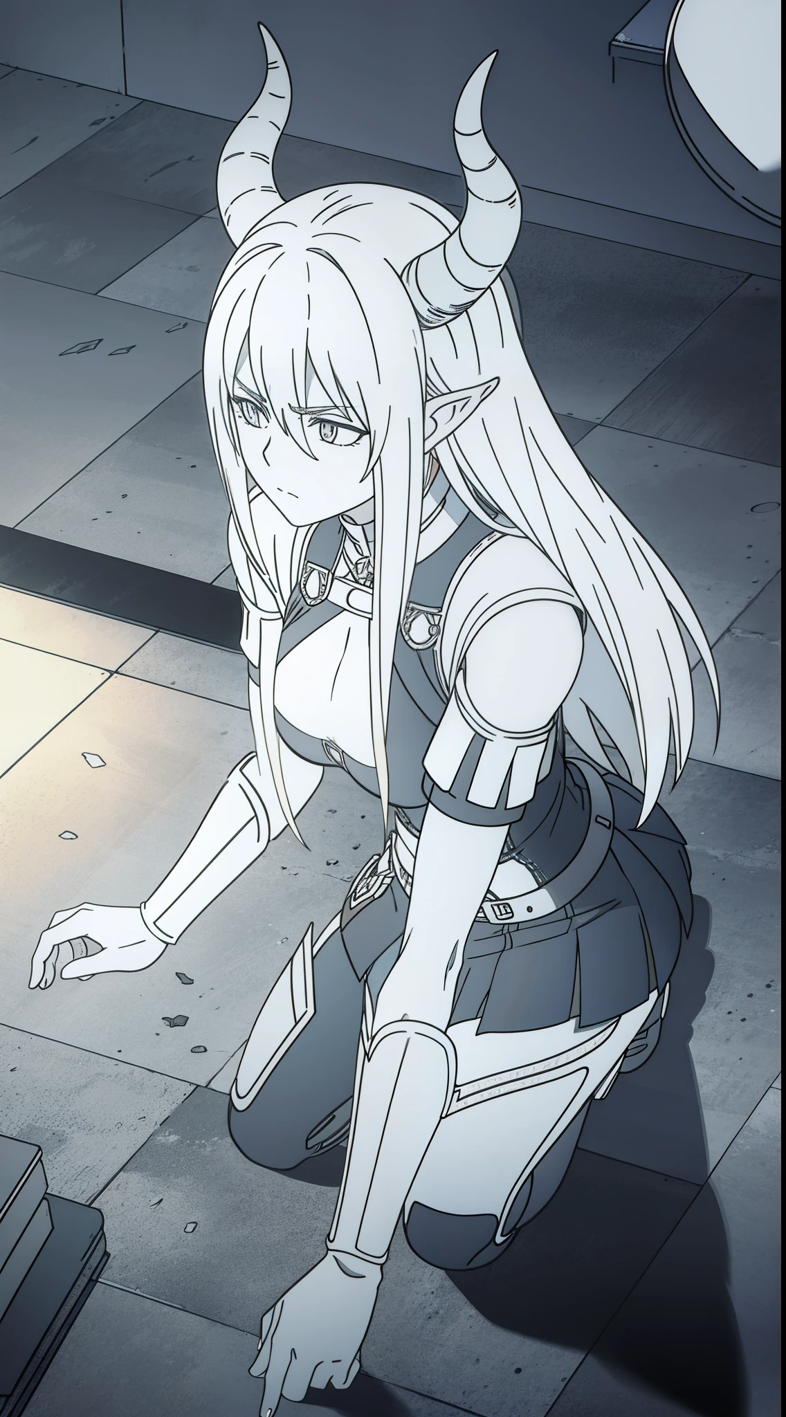 ,1girl,18s,horns,long hair,cathyl hair,templar armor,bored,white.monochrome