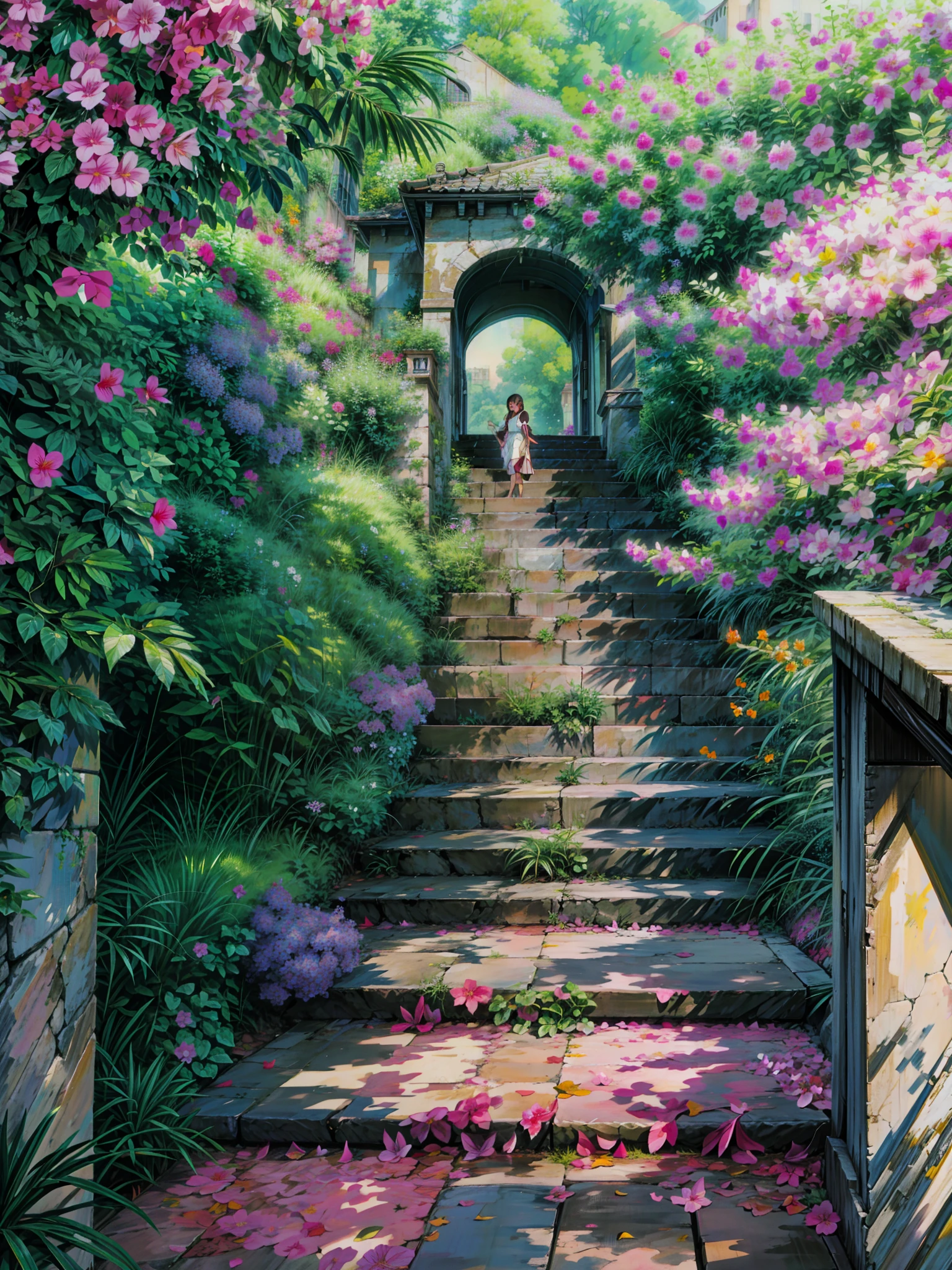 painting of a set of stairs covered in pink flowers, blossoming path to heaven, bougainvillea, old stone steps, stairways, leading to a beautiful, stone steps, stairway, stairway to heaven, outdoor staircase, staircases, stone stairway, steps leading down, dreamy and romantic, steps 50, steps, romantic greenery, stairs and arches , sunlight, beautiful calm lofi vibe,beautiful art uhd 4 k, a beautiful artwork illustration, beautiful digital painting, highly detailed digital painting, beautiful digital artwork, detailed painting 4 k, very detailed digital painting, rich picturesque colors, gorgeous digital painting