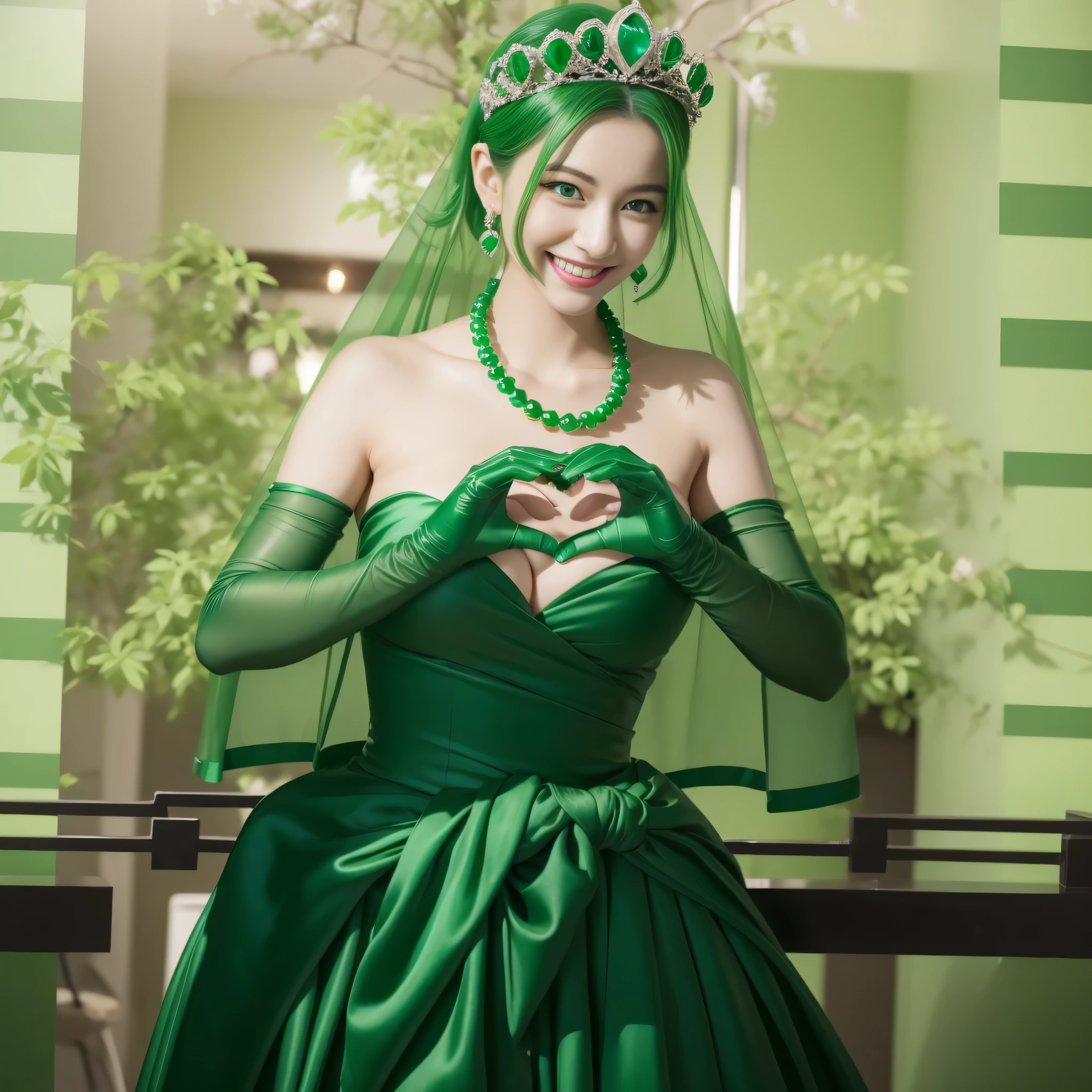 emerald tiara, Green Pearl Necklace, ボーイッシュな非常に短いgreen hair, green lips, Woman in her 30s Japan smiling, very short hair, Beautiful woman with big breasts, green eyes, green satin long gloves, green eyes, emerald earrings, Green veil, Heart with both hands, green hair, beautiful japanese woman, heart shaped hands:1.3, green lip gloss