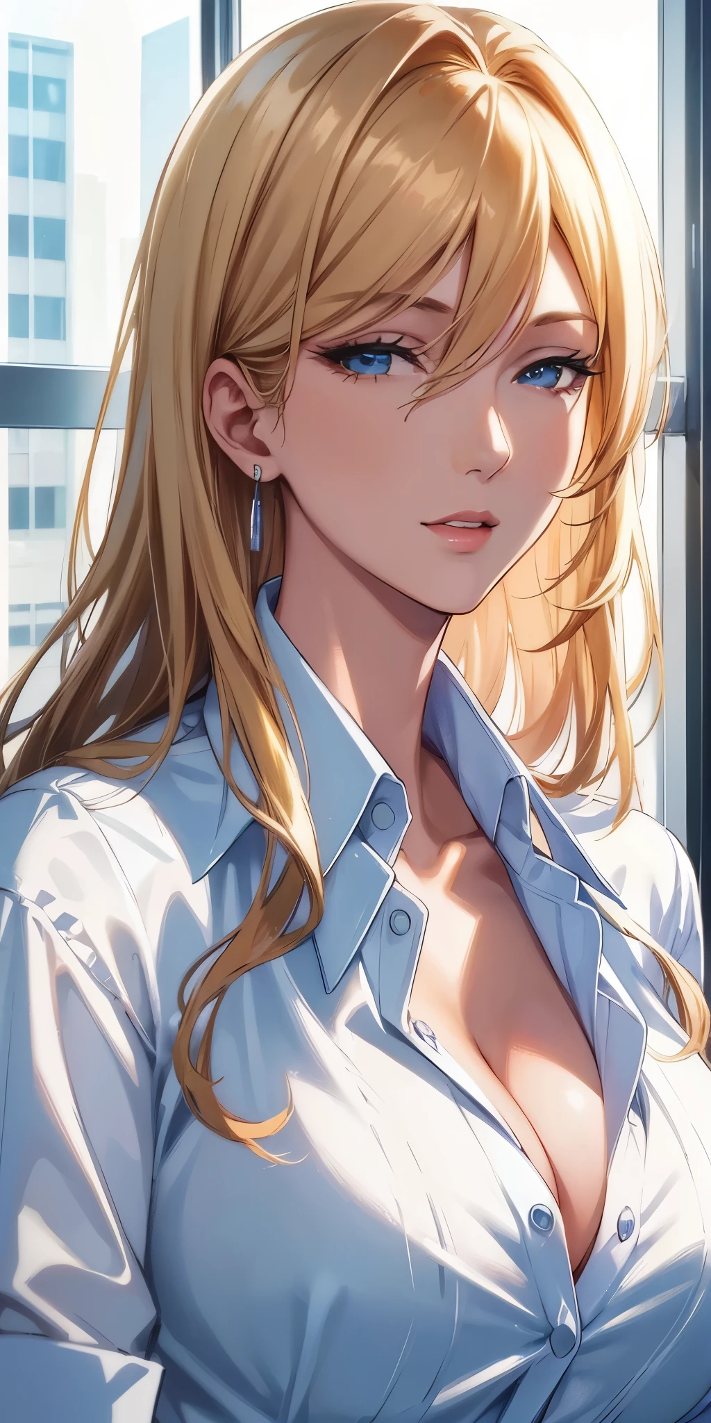 (best quality, highres), portrait, elegant boss lady, long straight hair, swept-side bang, [[[brown hair]]], blonde hair, office shirt, cleavage, office window, digital art