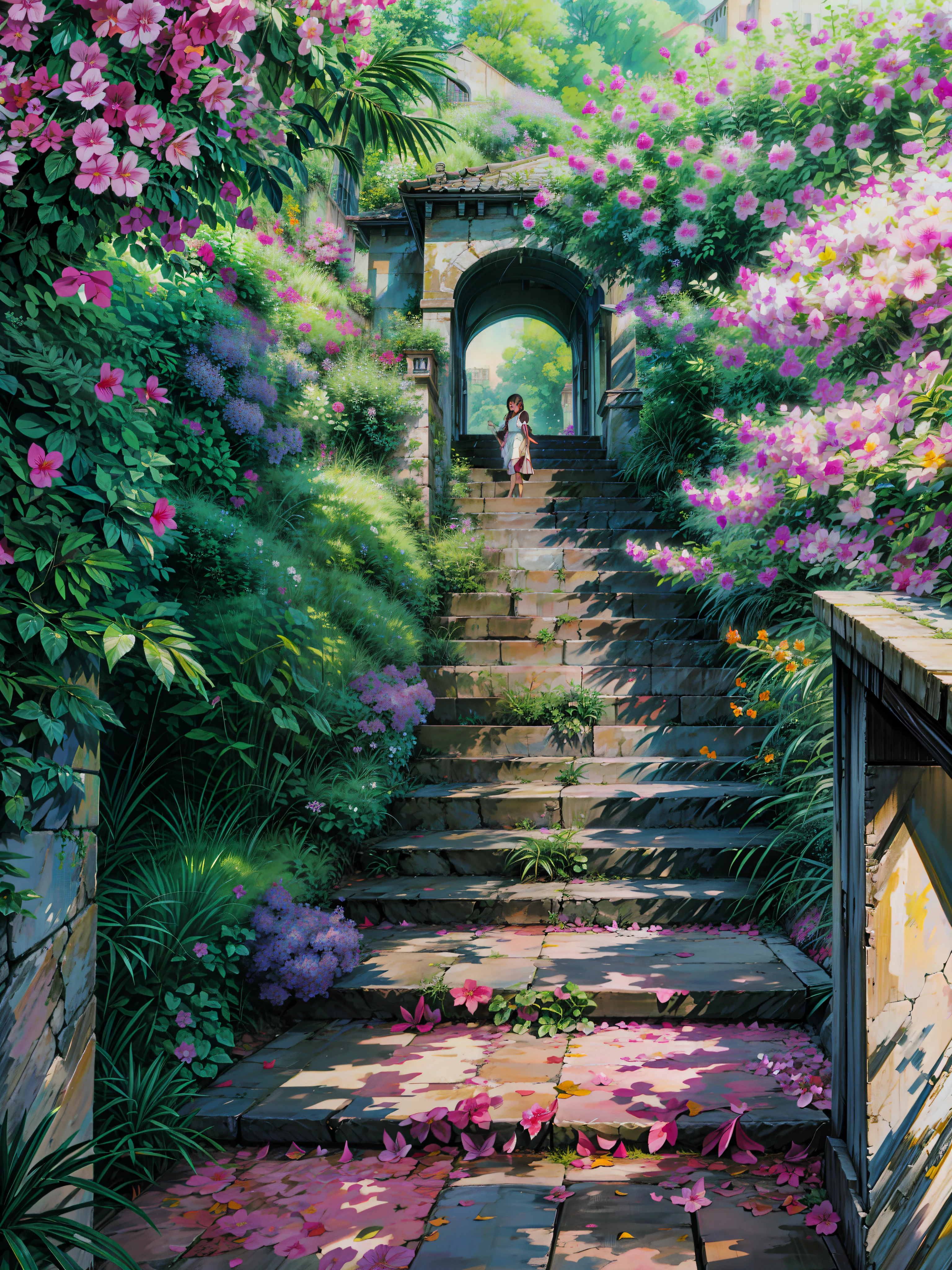 painting of a set of stairs covered in pink flowers, blossoming path to heaven, bougainvillea, old stone steps, stairways, leading to a beautiful, stone steps, stairway, stairway to heaven, outdoor staircase, staircases, stone stairway, steps leading down, dreamy and romantic, steps 50, steps, romantic greenery, stairs and arches , sunlight, beautiful calm lofi vibe,beautiful art uhd 4 k, a beautiful artwork illustration, beautiful digital painting, highly detailed digital painting, beautiful digital artwork, detailed painting 4 k, very detailed digital painting, rich picturesque colors, gorgeous digital painting