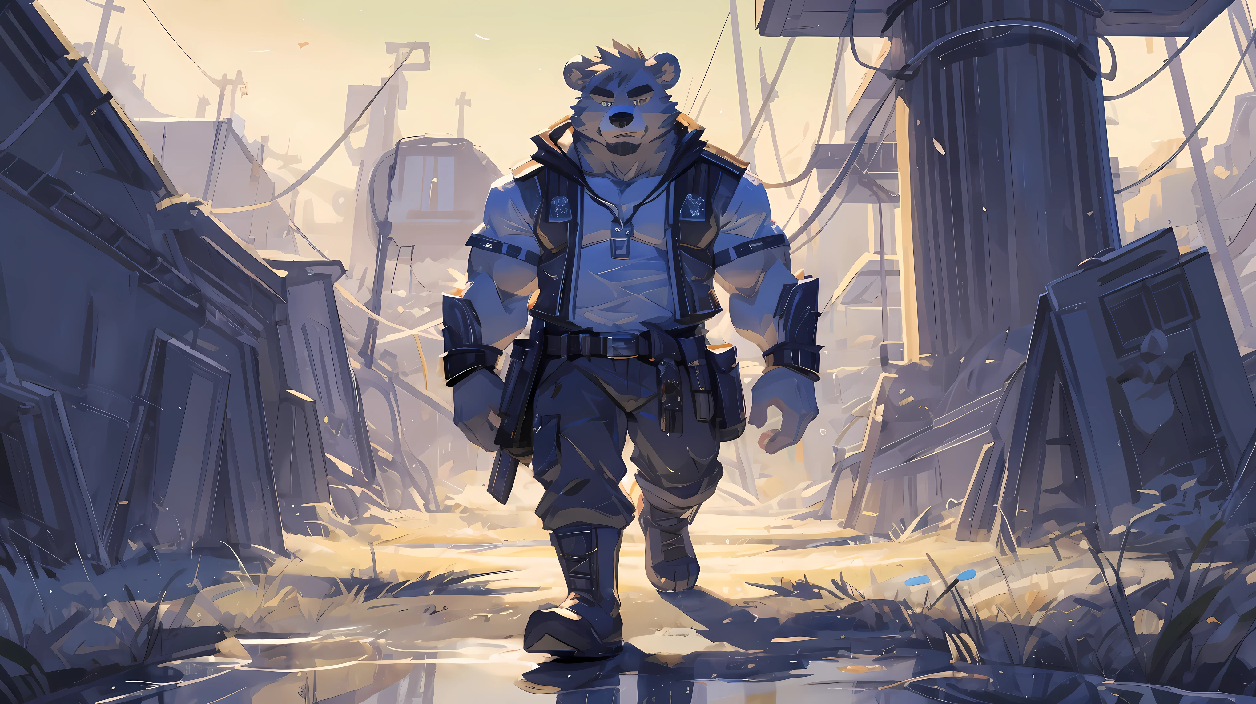 (masterpiece:1.2), best quality,pixiv,official art,(Light线追踪,Light),cloudy_Sky,(1_male:1.3), alone, human nature, (muscle), (gray fur:1.4), (muscle bear), (bear tail), (beard:1.2), Half, thick eyebrows, (White background :1.3), black vest, open hoodie, cargo shorts, boots , Salar de Uyuni ,rainy ,reflection, looking at the audience