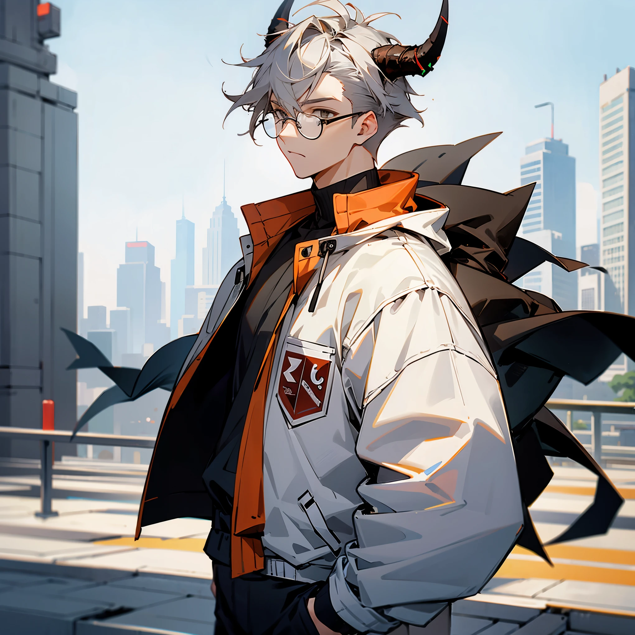 1male , Grey Hair , Hazel Eyes , Messy Hair , Modern Undercut , Gon Hair , Calm Expression , Muscular , White Letterman jacket , Black Glasses , Modern City Background , Standing on Sidewalk , Black Bull Horns