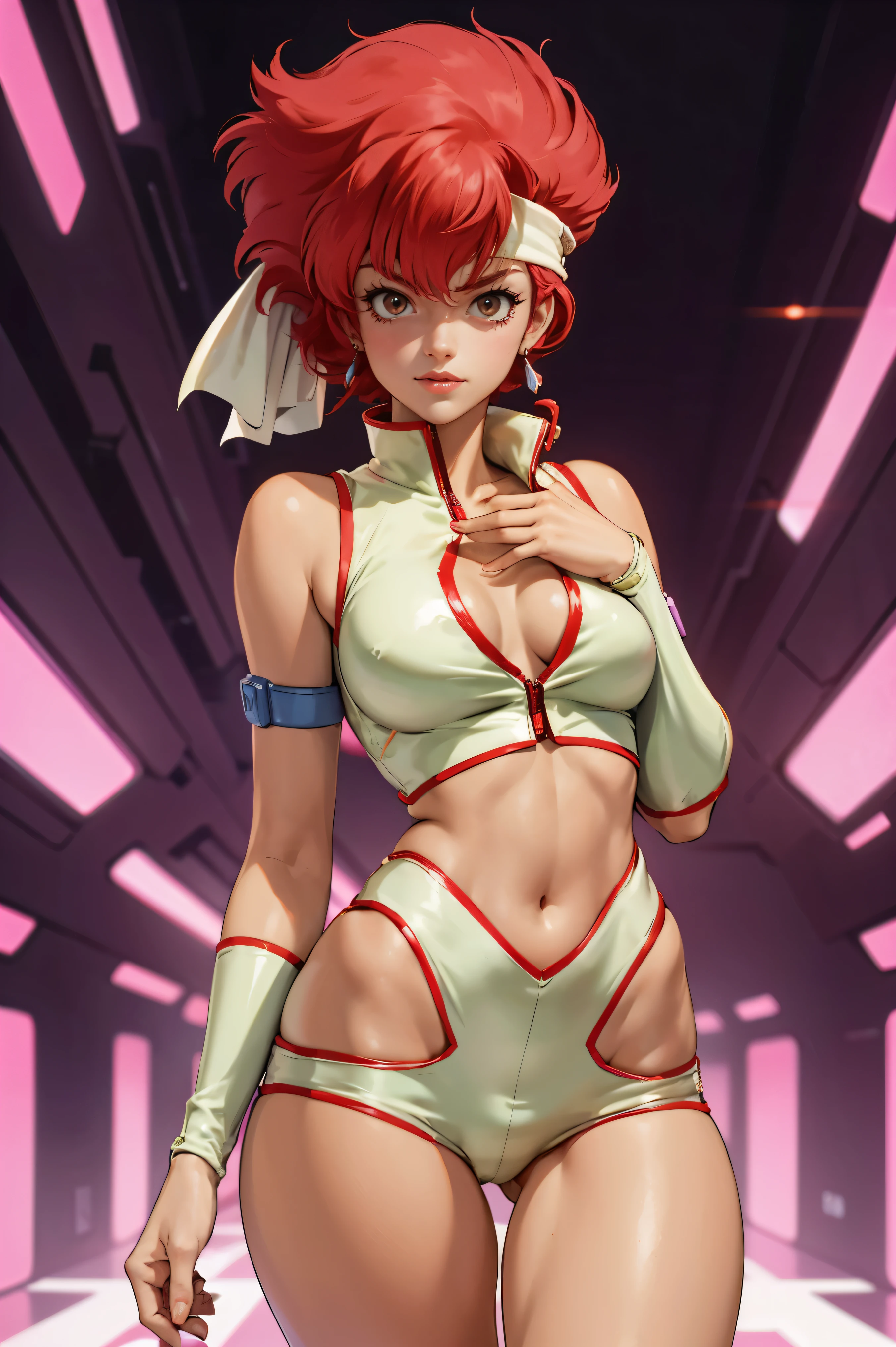 Kei from The Dirty Pair, , wearing a tight outfit, skimpy, legs, medium breast, red hair beauty, cyberpunk city background, holding retro space-gun, headband, slim waist, slim thighs, thigh gap