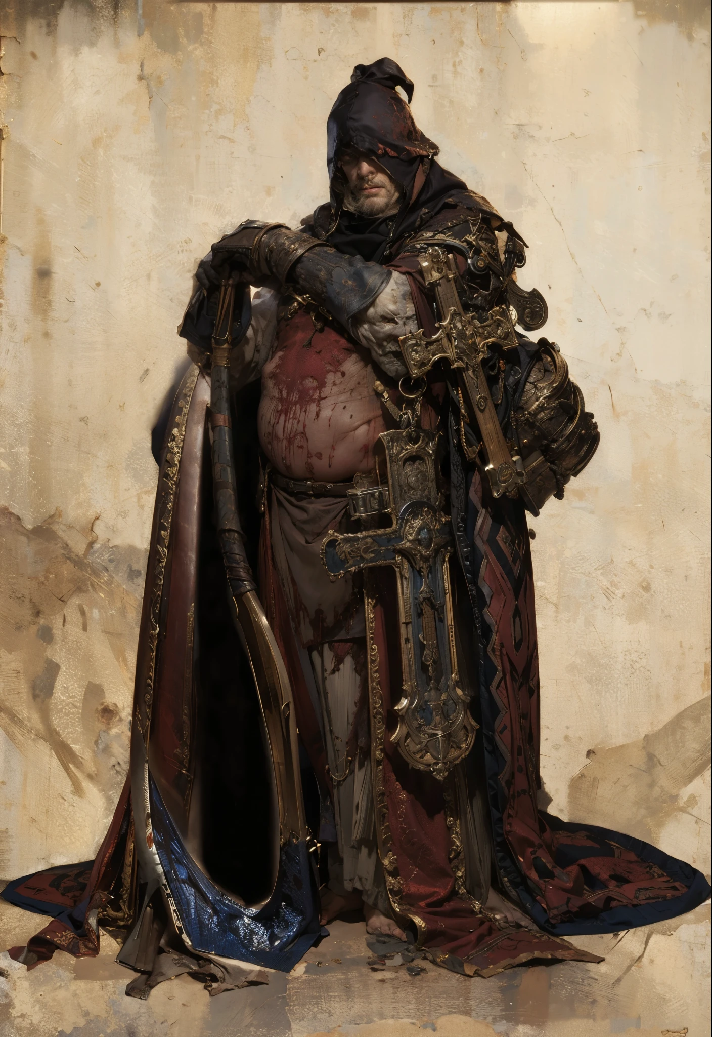 best quality,masterpiece,(:1.5),一个中世纪executioner,Wearing a heavy religious cloak,巨大的sickle,sickle,血腥sickle,有血迹的sickle,huge decapitating weapon,stand beside,bloody horror,Brutal men,Butcher,executioner,Executioner,徽章reference《Van Helsing》,reference《resident Evil》(Amy Saul:0.248),(Stanley Ategg Liu:0.106),(a detailed :0.353),(Renaissance classical style:0.8)