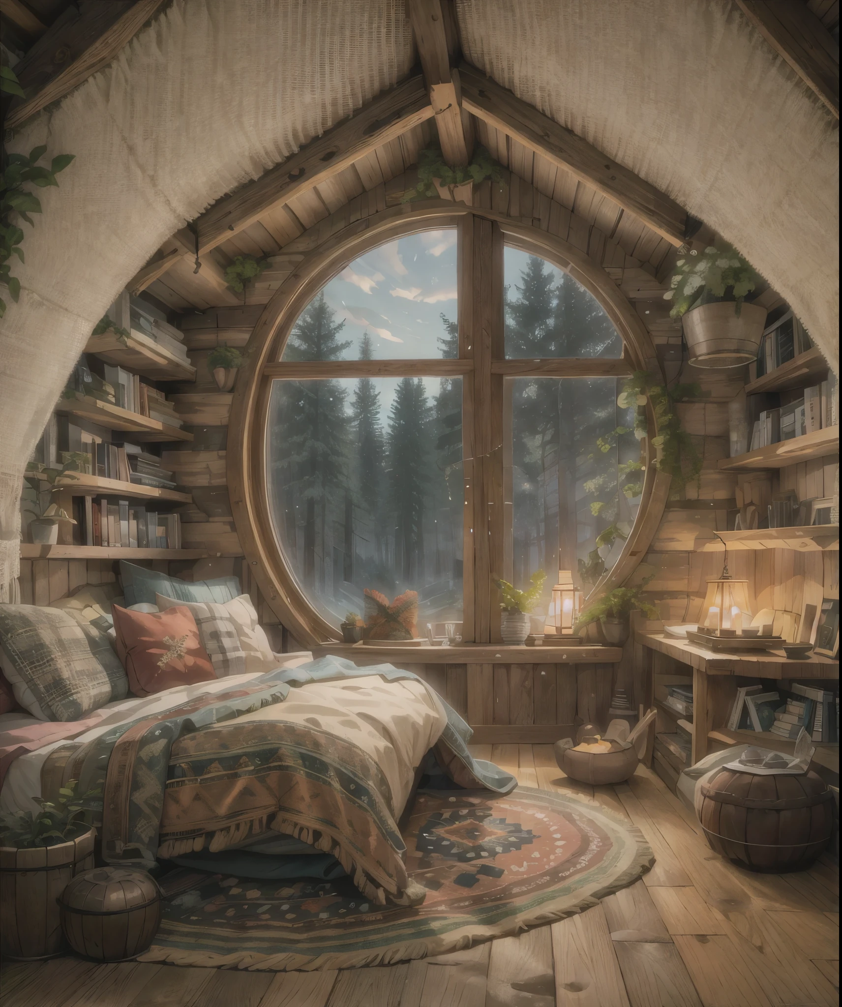 This image captures a cozy nook with a cabin-like atmosphere. A round window frames a snowy landscape, letting in natural light that casts a warm glow over the interior. A comfortable bed with plush pillows and a knitted throw invites relaxation. To the right, a built-in wooden bookshelf is filled with books, suggesting a literary retreat. A roaring fireplace beneath the bookshelf adds to the warmth of the space, with a delicate ornament hanging from the mantel. The intricate area rug on the floor complements the rustic charm of the room. The wooden beams on the ceiling and the natural wood around the room create a snug, inviting ambiance perfect for a winter's day.