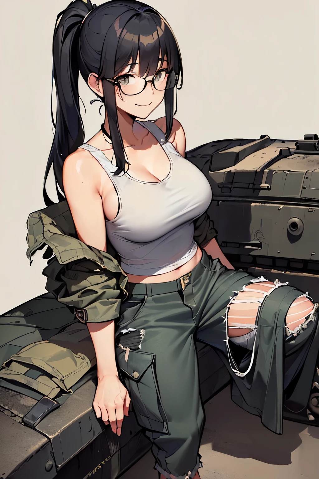 ((wide angle image)), beautiful female veteran, black hair in a ponytail, bangs, wearing large glasses, covering a wound, injured, smiling confidently, (((wearing a white military tank top, layered with a ww2 Oversized military shirt , wearing ww2 military pants Oversized, Off shoulders, Distressed, worn-out))), on the ww2 battlefield