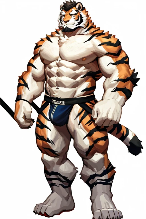 Shirtless, white tiger, 1 boy, solo, light-white fur, white fur, black beard, anthro (white tiger), male, old-aged, white body, white belly, tail, muscular, jockstrap, stand, open leg, show ass hole, white background,high quality, super detail, 1080P, high quality, best quality, 8k, super detail, 16k, highres, HD, 16k, highres, HD