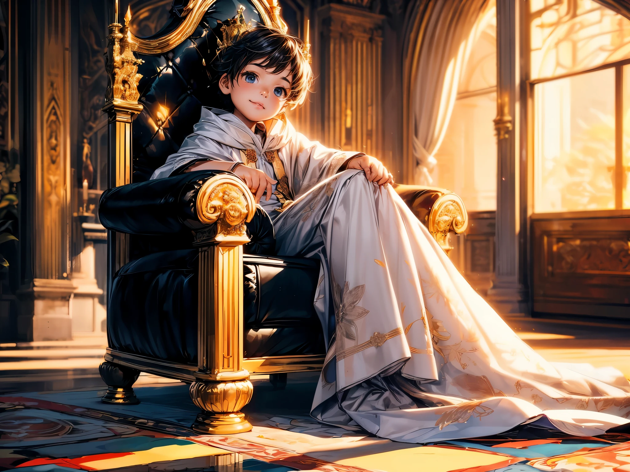 (best quality,4k,8k,highres,masterpiece:1.2),ultra-detailed,(realistic,photorealistic,photo-realistic:1.37),A cute () wearing a (white cloak) and a (silk long skirt), best wrinkle, best shadow, White long stockings, soft curly hair,curious sparkling eyes,innocent smile,cheeks rosy with happiness,dainty silver crown on his head, (Sitting on an exquisite and solemn throne), In the magnificent palace, bathed in warm golden sunlight, creating a dreamy and magical atmosphere.