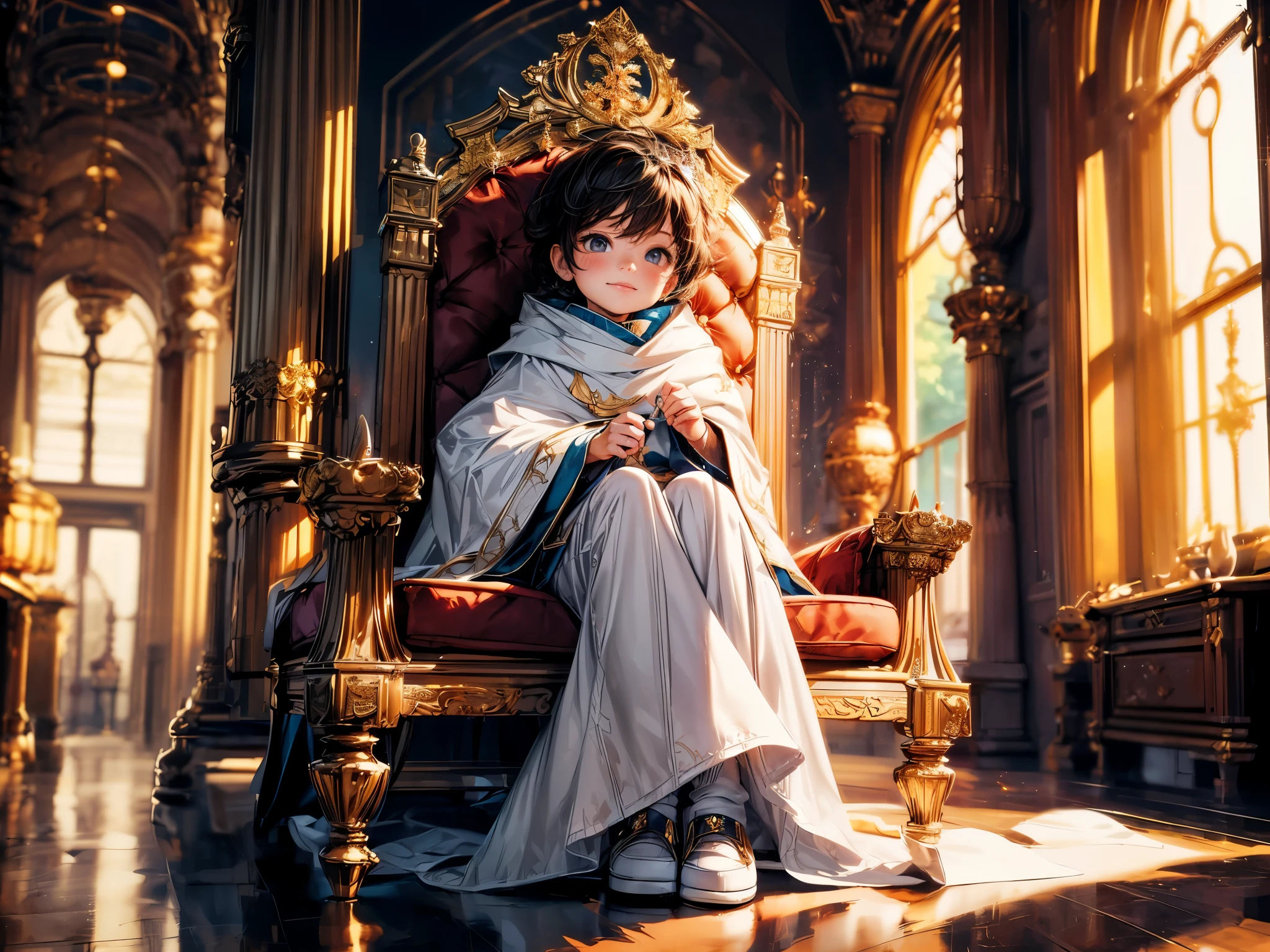 (best quality,4k,8k,highres,masterpiece:1.2),ultra-detailed,(realistic,photorealistic,photo-realistic:1.37),A cute (little boy) wearing a (white cloak) and a (silk long skirt), best wrinkle, best shadow, White long stockings, soft curly hair,curious sparkling eyes,innocent smile,cheeks rosy with happiness,dainty silver crown on his head, (Sitting on an exquisite and solemn throne), In the magnificent palace, bathed in warm golden sunlight, creating a dreamy and magical atmosphere.