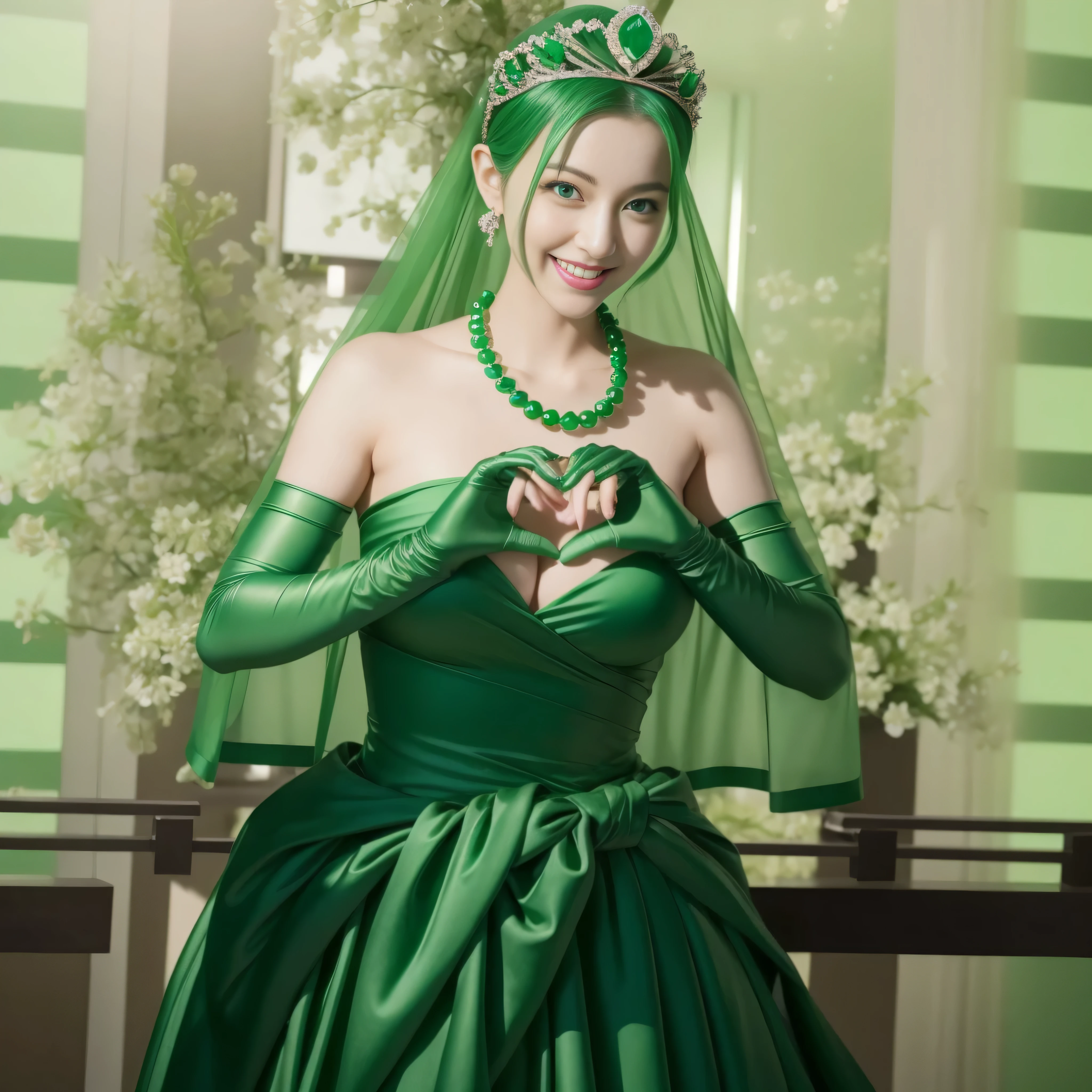 emerald tiara, Green Pearl Necklace, ボーイッシュな非常に短いgreen hair, green lips, Woman in her 30s Japan smiling, very short hair, Beautiful woman with big breasts, green eyes, green satin long gloves, green eyes, emerald earrings, Green veil, Heart with both hands, green hair, beautiful japanese woman, heart shaped hands:1.3, green lip gloss