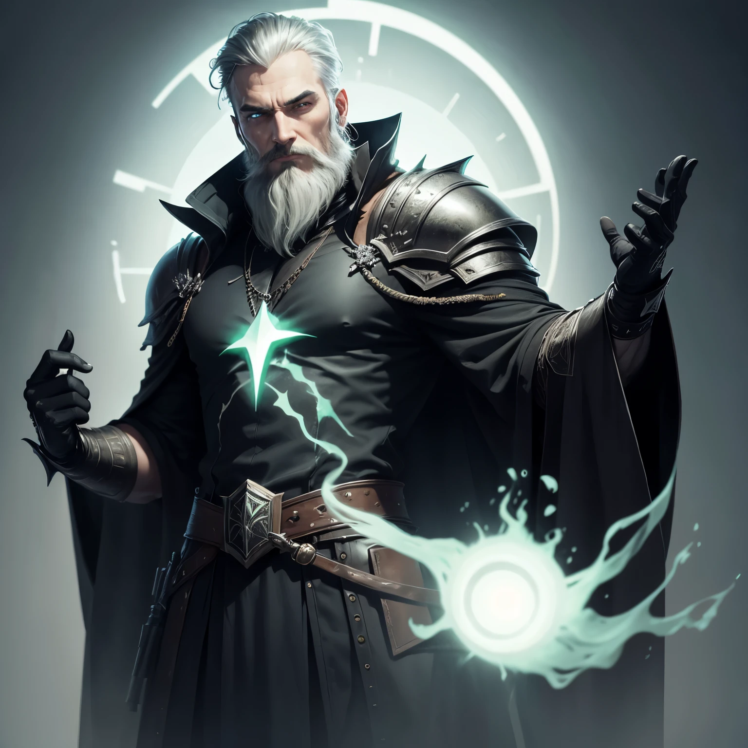Man in a black robe, wearing leather armor, right eye black, beard, hands raised(greenish glow), necromancer