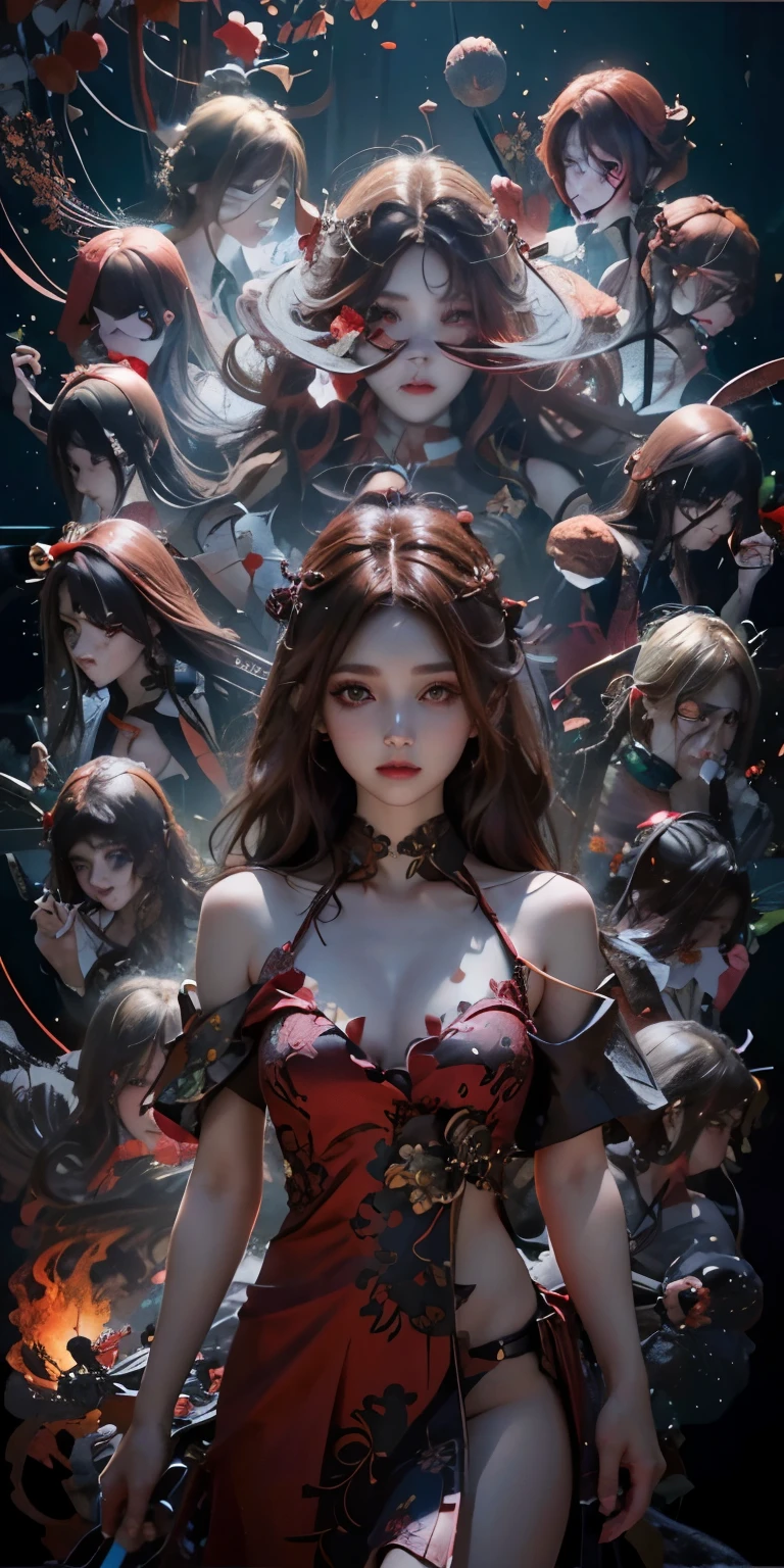(Modify hair only、Face)Reddish-brown hair,Long curly hair,high ponytail,red headdress,red eyes,red eye,red pupils,Delicate and detailed eyes,sparkling eyes,huge