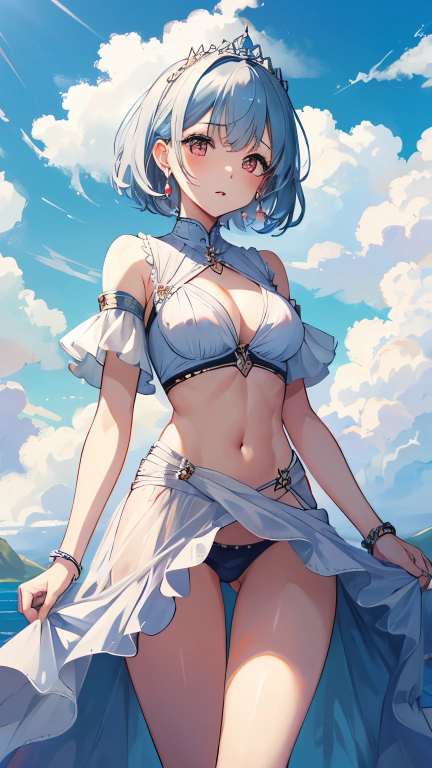 young girl silver hair white dress short hair red eyes irreverent face look down thin body thin thighs small breasts small ass toned body wrist bracelet jewelry bracelet tiara with jewels sunlight ripped abs slanted eyes white skin deep red eyes symmetrical transparent dress No underwear arm tattoo high quality High resolution 8k perfect 天使のようなyoung girl 女神のようなyoung girl See-through hair blowing in the wind おI can see the navel blue sky big cloud like a goddess Beautiful little girle girl Beautiful l bracelet symmetrical tiara symmetrical dress ripped abs symmetrical earrings I can see your chest dress with open navel nipples are transparent Blowing in the wind big eyes cinched waist tattoo on arm simple dress I can see the navel I can see the breasts