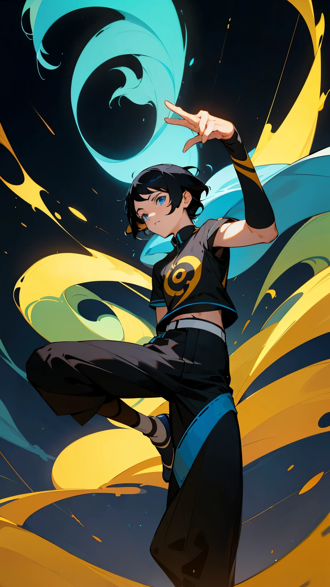 avatar, air bending logo on pants, white arm bands, short black hair, blue eyes, short sleeved black shirt,wavy background, young male, standing on one leg, black pants , air background, teenager, one male