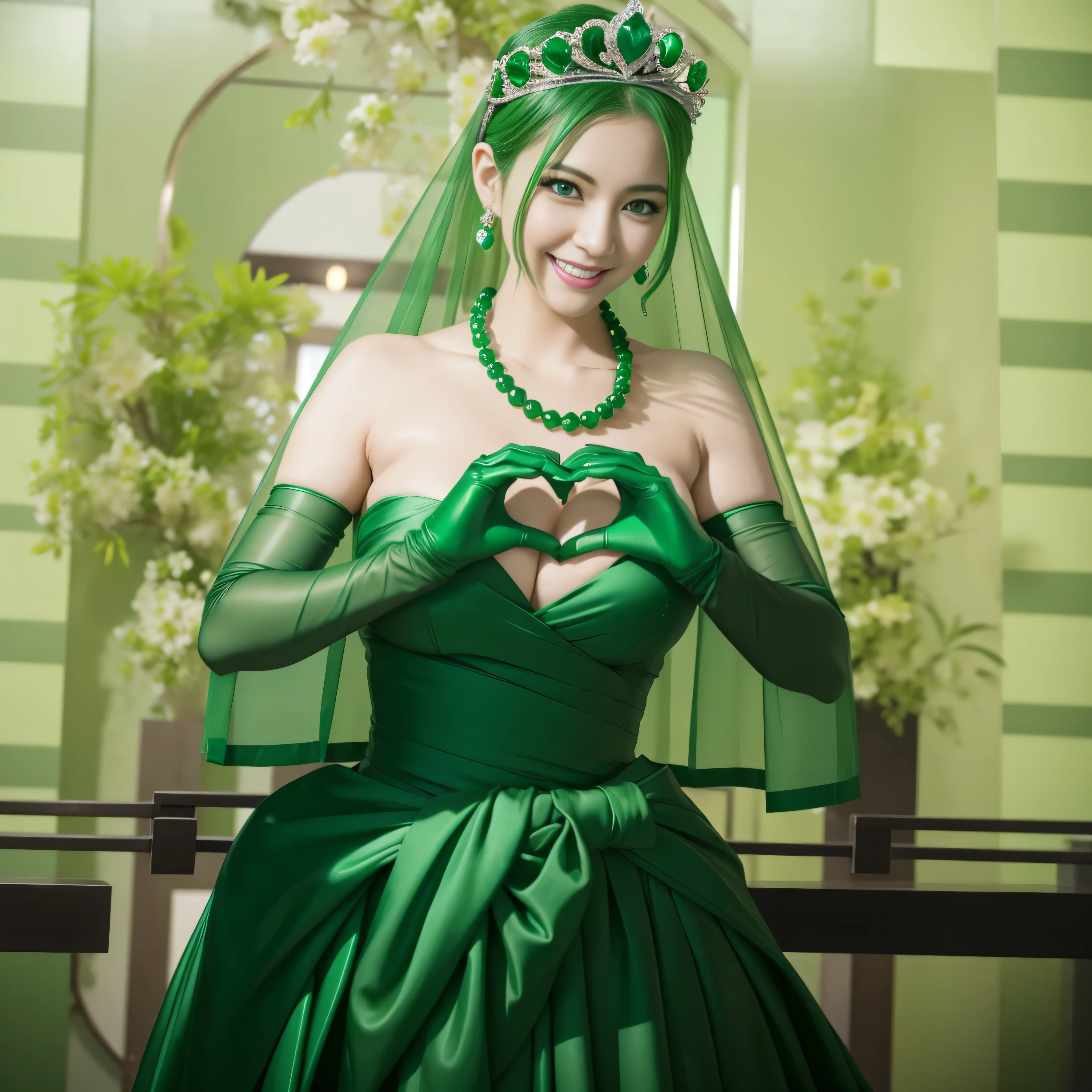 emerald tiara, Green Pearl Necklace, ボーイッシュな非常に短いgreen hair, green lips, Woman in her 30s Japan smiling, very short hair,  Beautiful woman with big breasts, green eyes, green satin long gloves, green eyes, emerald earrings, Green veil, Heart with both hands, green hair, beautiful japanese woman, heart shaped hands:1.3, green lip gloss