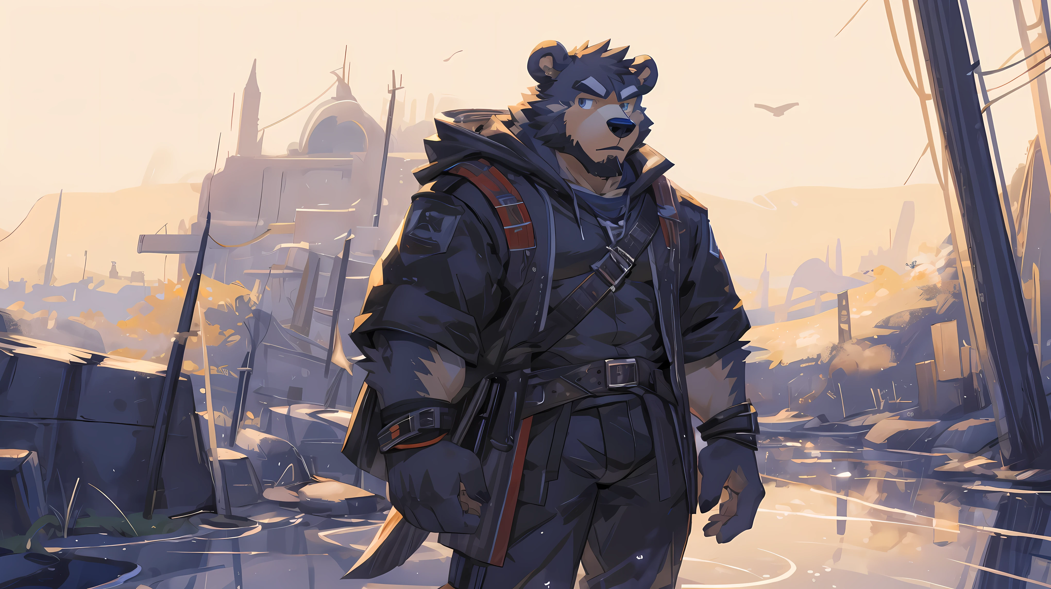 (masterpiece:1.2), best quality,pixiv,official art,(Light线追踪,Light),cloudy_Sky,(1_male:1.3), alone, human nature, (muscle), (gray fur:1.4), (muscle bear), (bear tail), (beard:1.2), Half, thick eyebrows, (White background :1.3), black vest, open hoodie, cargo shorts, boots , Salar de Uyuni ,rainy ,reflection, looking at the audience