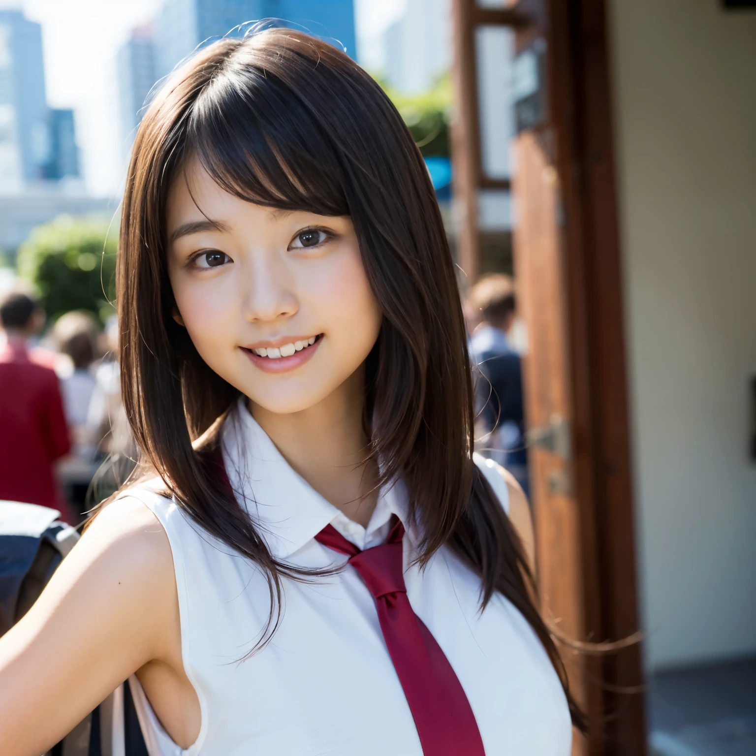 (8k、RAW photo、best image quality、masterpiece:1.2)、(genuine、フォトgenuine:1.37)、Super detailed、ultra high resolution、girl、1 person、eyes that look at the beholder、Beautiful face in every detail、smile、narrow、 (slim waist) :1.3)、dense and beautiful skin、skin texture、flowing hair、professional writing、as a whole human body、long hair、blonde、high school girlの制服、high school girl、school zone、Tokyo、cityscape、red tie、bob hair、happy smile、 smile、no makeup、16 years chubby、E cup breasts、