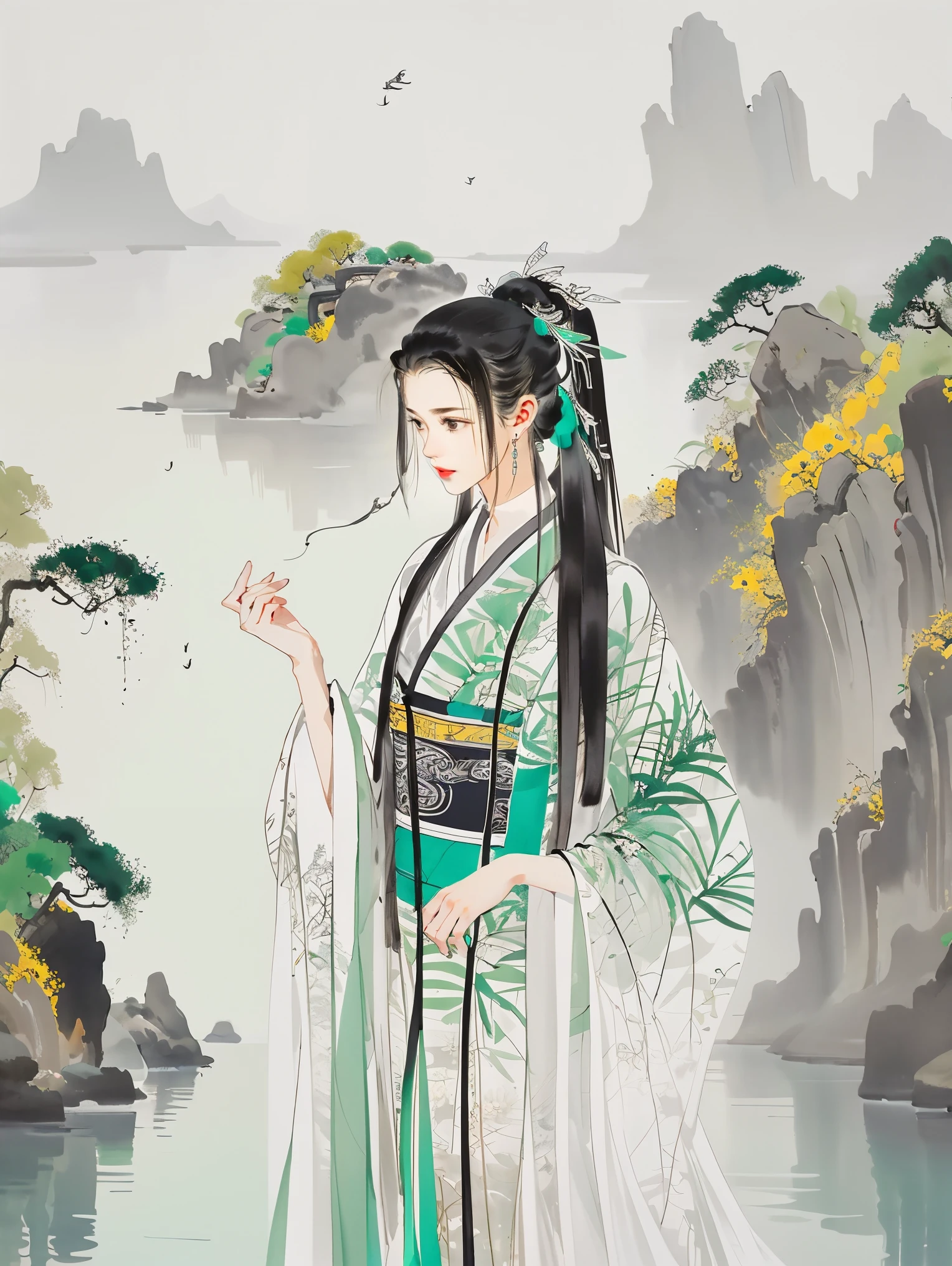 A close-up of a woman, long black hair, ponytail, headdress, hazy smoke, green Hanfu,wuguanzhong，in background is  a little village and water around it, light gray and green, whimsical, , ink wash, cityscape, riverbank, boat,traditional media, blue sky, overgrown, plants,flowers,best quality,masterpiece,highly detailed,ultra-detailed, 