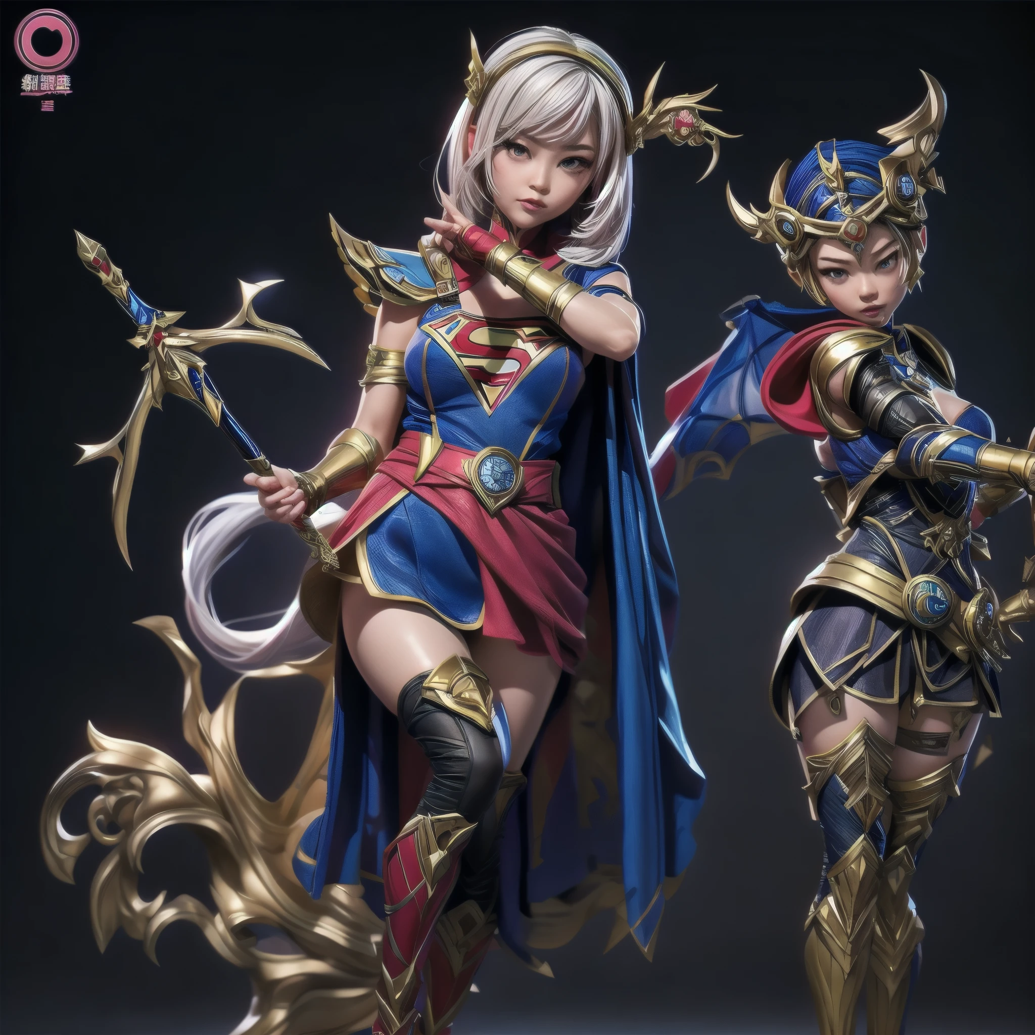 Game character, East Asian original art character design, 1girll, Solo,[:(Gradient background:1.5):40],full body, big breasts, Supergirl costume dress, add_detail:2