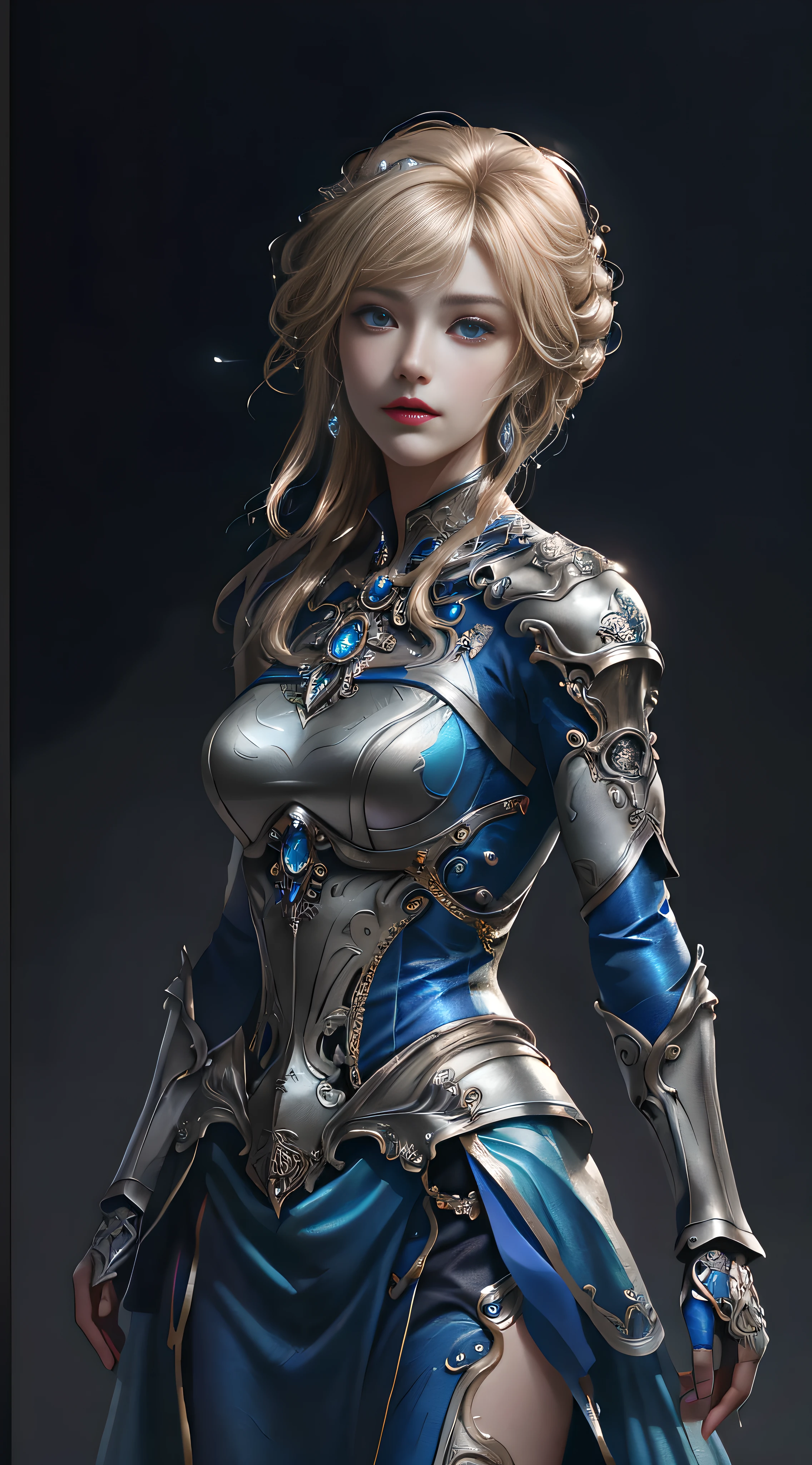 Close-up of a woman wearing a silver and blue-gold dress, detailed fantasy art, Stunning character art, Fanart Best Art Site, Epic and beautiful character art, beautiful armor, Extremely detailed Artgerm, Detailed digital animation art, Armor girl,One has 8k blond hair,Portrait of a beautiful robot,complex、grace、Exquisite details、majestic、digital photography、surrealism painting、tulle with filigree decoration around figure,(masterpiece,Side seams,Exquisite and beautiful eyes:1.2),Highest image quality