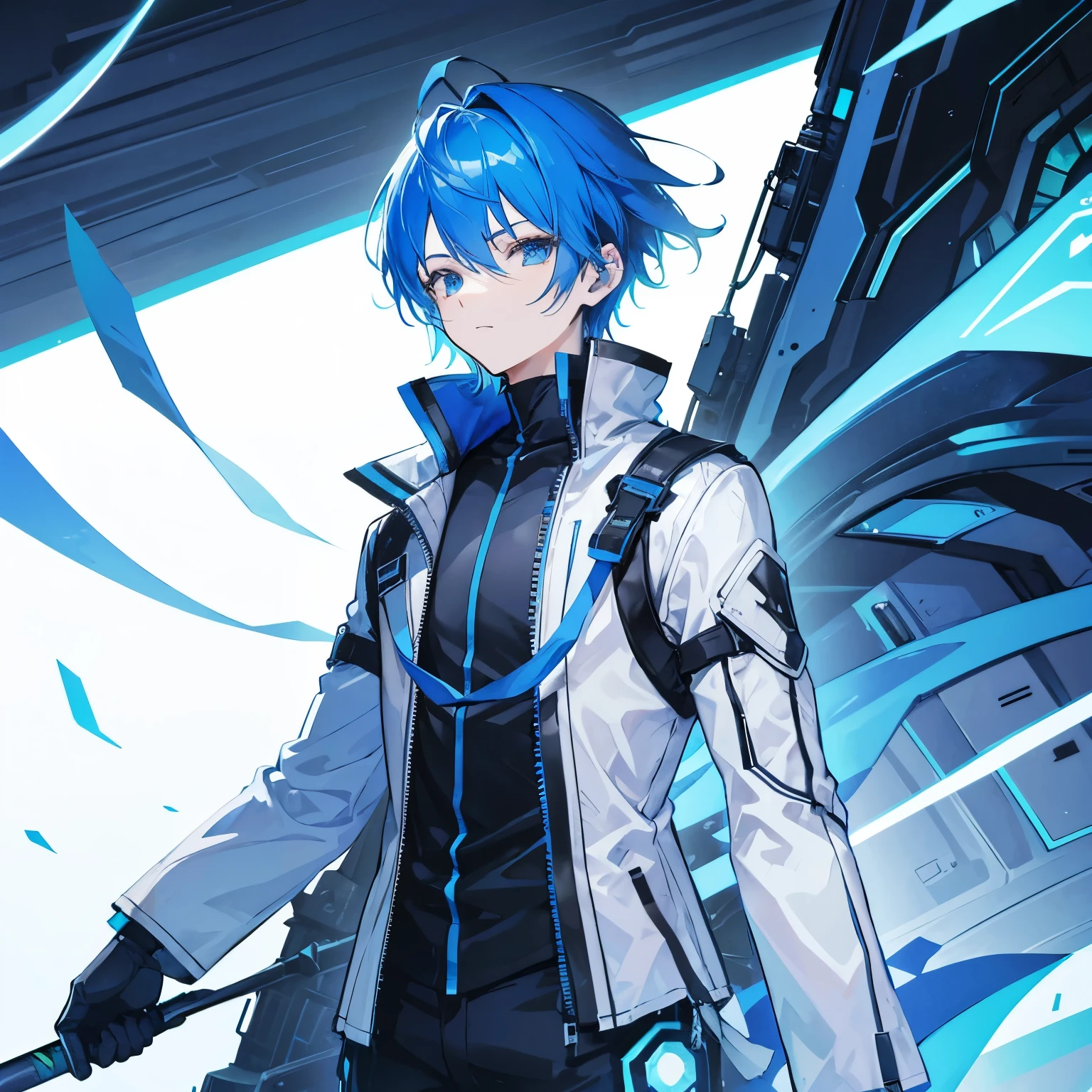 a guy with blue hair in a futuristic world