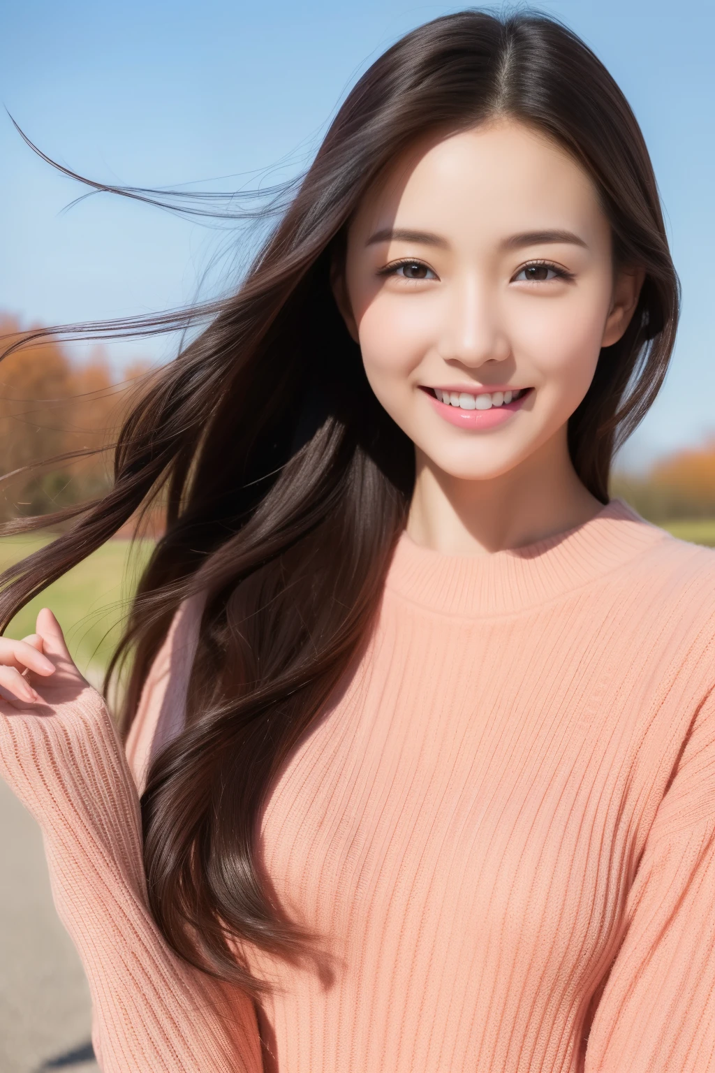 nice smile seeing this、One pretty woman、Bold poses、a smile、17 year old girl、Cute、The upper part of the body、
Under the Autumn Sky、Colorful color sweateredium hair、、Natural Color Lip、fair white skin、(masterpiece、16k image、high-level image quality、top-quality)、(Beautiful Realistic Asians),solo、1girl in、(perfect anatomia,Beautiful limbs、Healthy body、Beautiful skin)、Sunnyday、A dark-haired、、Black eye、、small tit:1.5、、(Thermal gaze)、artistic.、Beautuful Women、Beauty Body、ssmile、Professional、