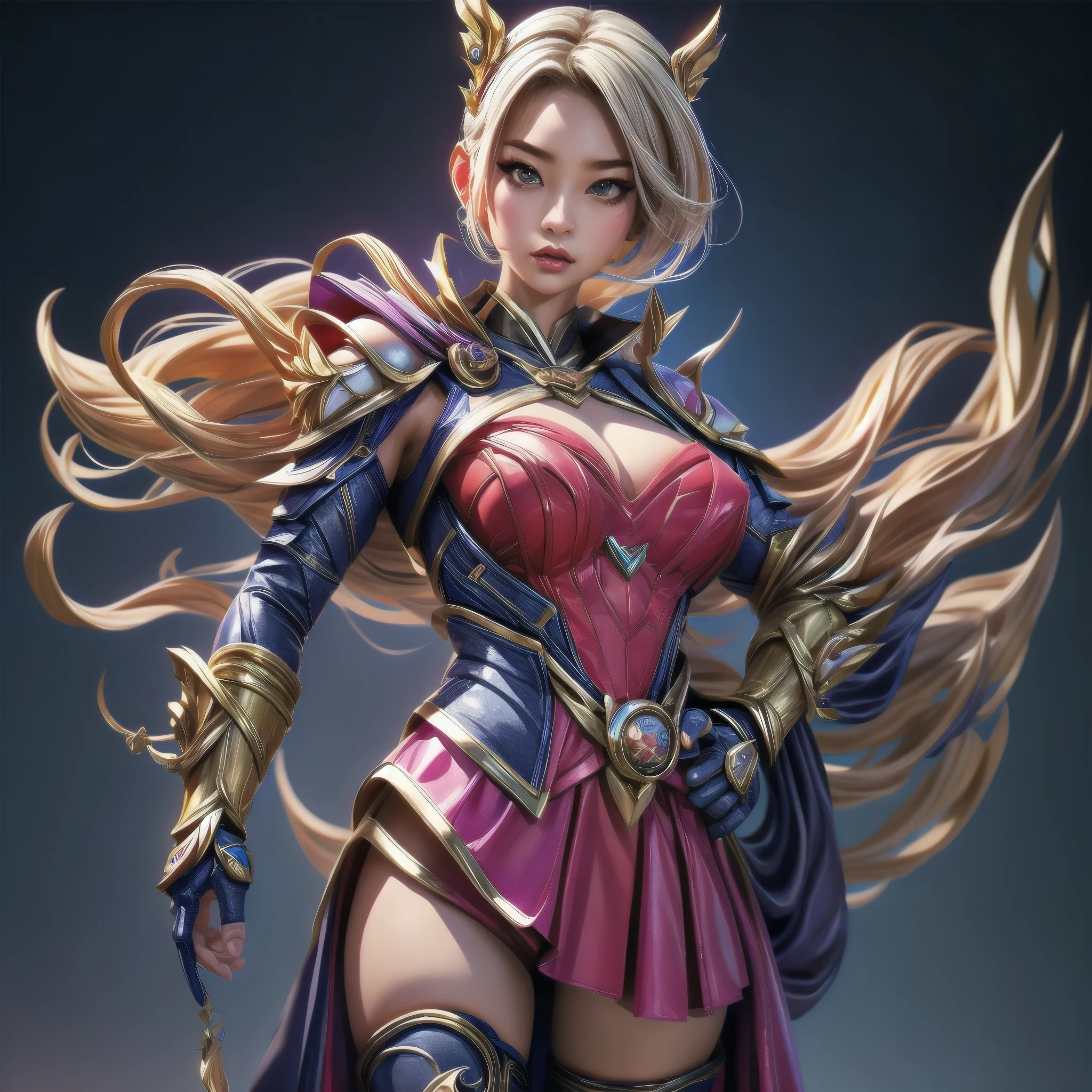 East Asian original art character design,1girl,Solo,full body,big breasts,Supergirl costume dress,add_detail,game character,gradient background,best quality,ultra-detailed,realistic,photorealistic,portrait,vibrant colors,stunning lighting